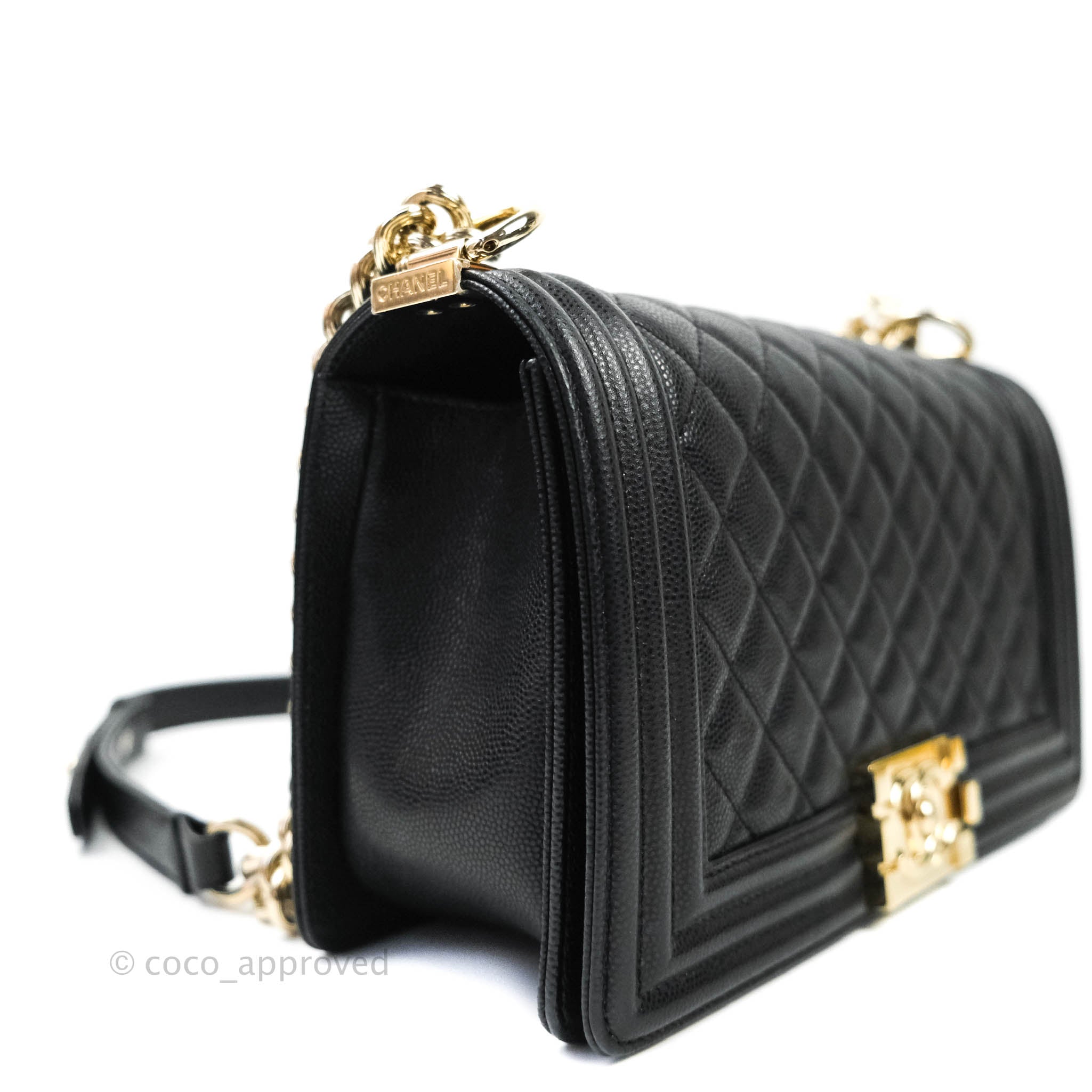 Chanel Boy Quilted Medium Handbag in Black Caviar Leather with Gold Hardware - Perfect for Evening Events, Parties & Luxury Fashion Accessories