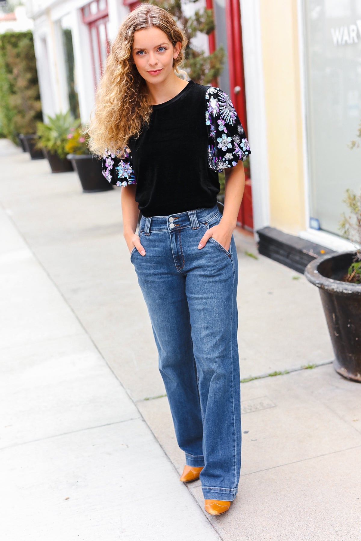 Glamorous Black Floral Sequin Puff Sleeve Velvet Top for Women | Elegant Party Blouse | Perfect for Evening Events, Date Nights & Special Occasions