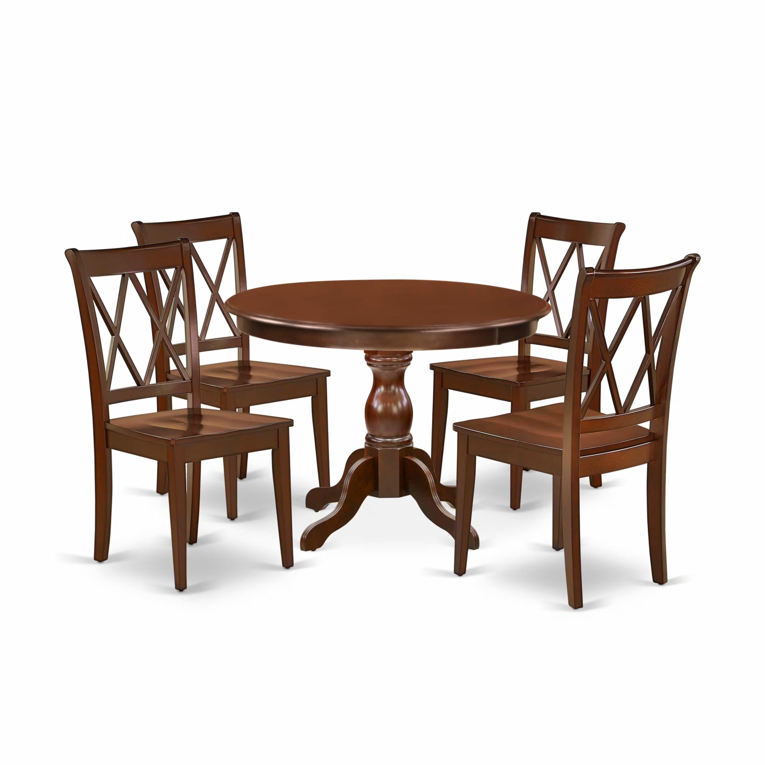 East West Furniture 5-Piece Mahogany Dining Set with Round Pedestal Table & 4 Chairs - 42x42 Inch Kitchen Table Set for Small Spaces, Breakfast Nook, and Apartment Dining Room