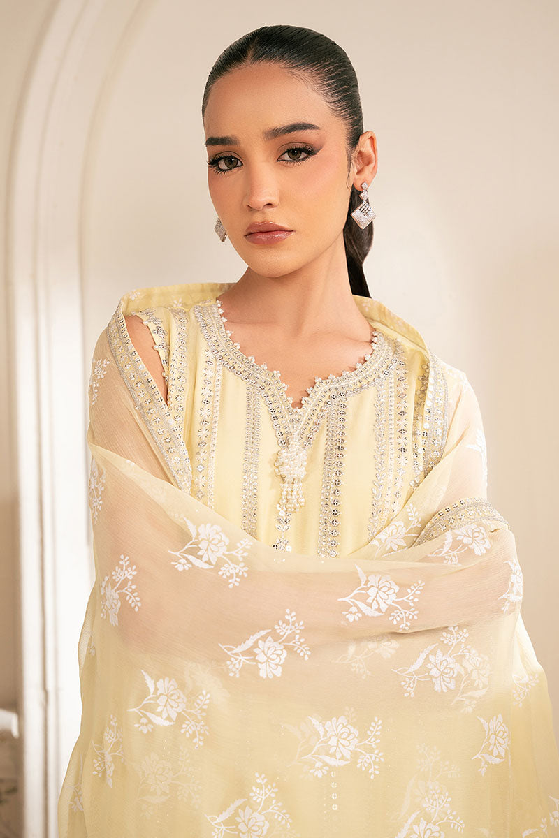 LEMON BLISS 4-Piece Chiffon Embroidered Suit Set - Elegant Floral Embroidery Women's Outfit for Parties, Weddings & Special Occasions