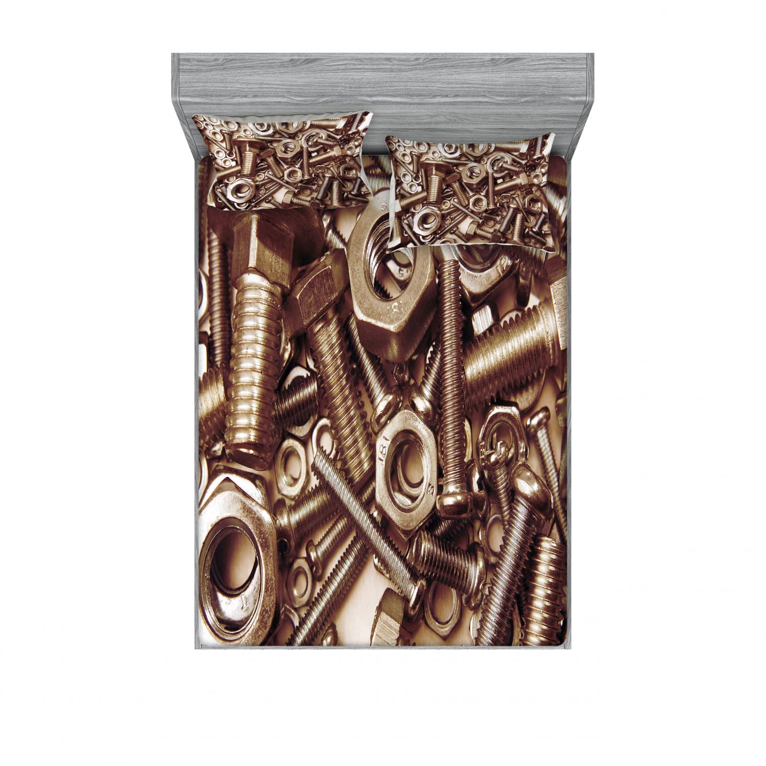 Industrial Style 2-Pack Full Size Fitted Sheet & Pillow Sham Set - Nuts Bolts & Screws Design, 4-Piece Bedding Decor (Includes 2 Fitted Sheets & 4 Pillow Covers) - Sepia Vintage Theme for Factory Loft & Steampunk Bedroom Decor