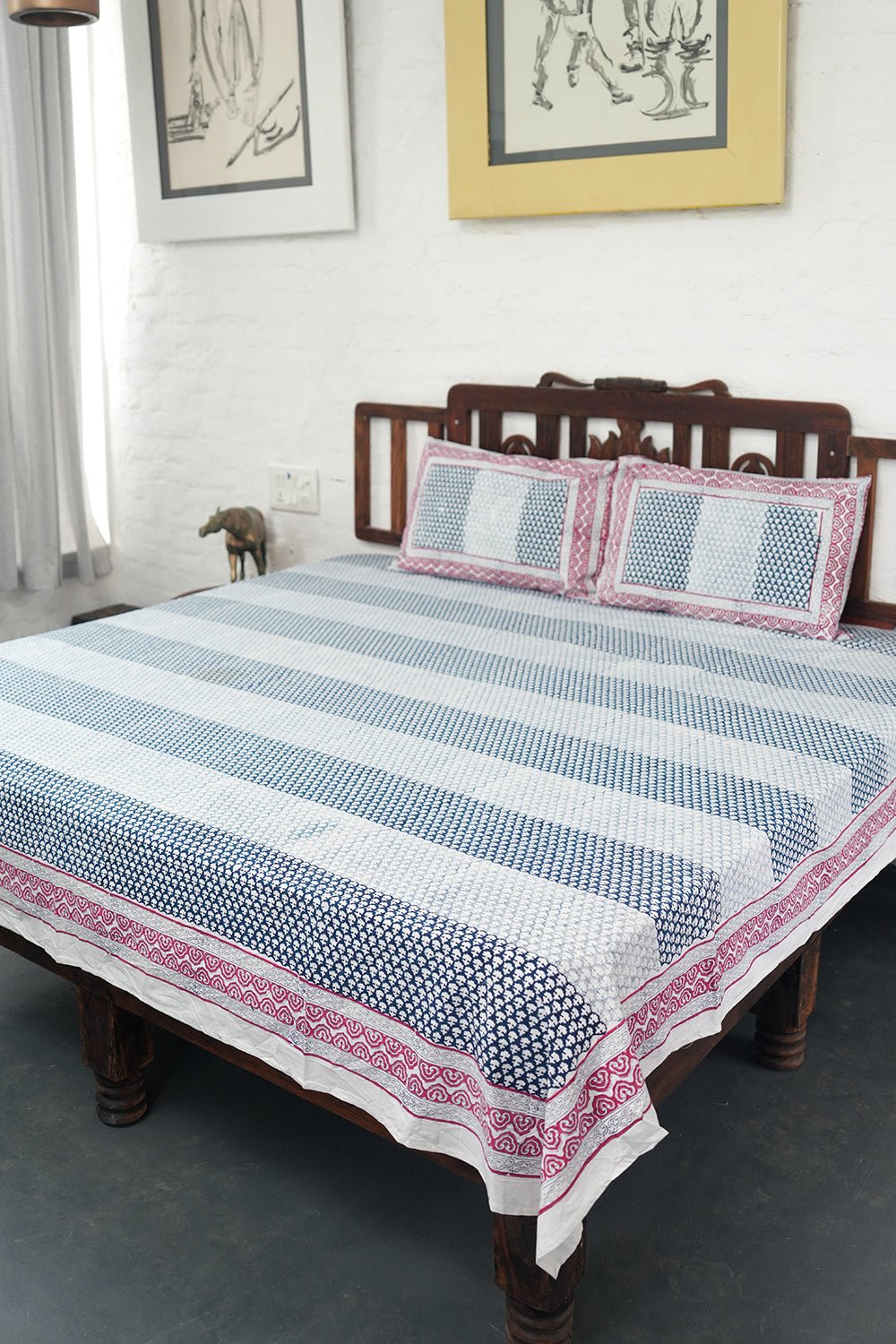 Frosty Blue Rose Hand Block Printed Cotton Bedsheet - Queen Size, Soft & Breathable for Bedroom Decor, Boho Chic Style