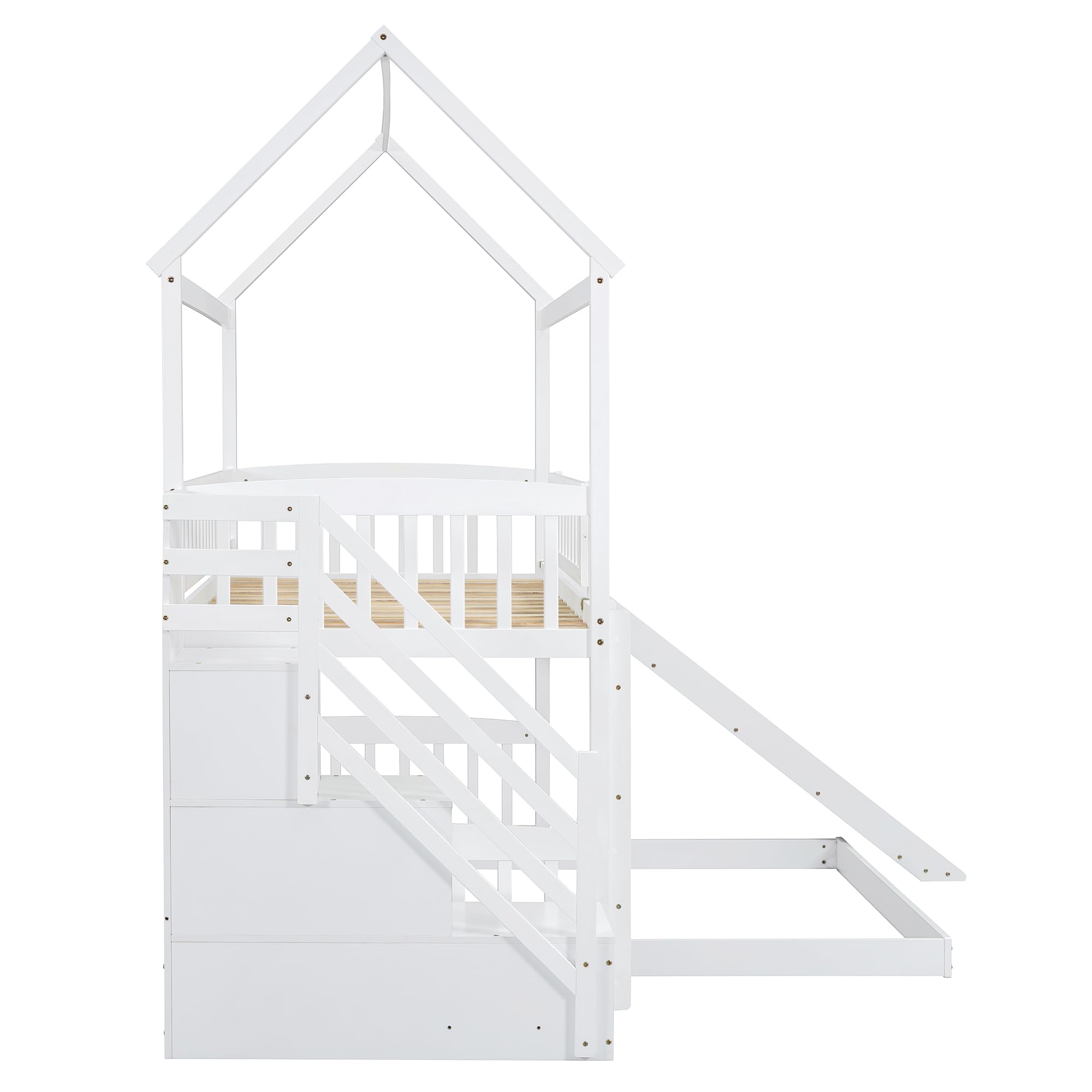Solid Wood Twin Over Twin Bunk Bed with Slide & Storage Staircase - Kids Loft Bed with Roof & Guardrails for Girls & Boys - Easy Assembly (White) - Perfect for Small Bedrooms, Playrooms & Sleepovers