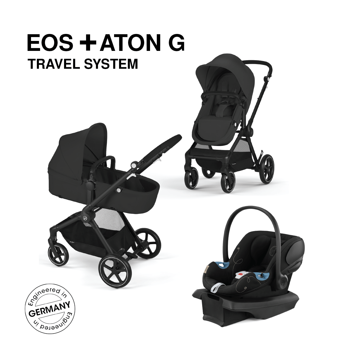 Cybex EOS Aton G 5-in-1 Travel System Stroller with Car Seat - Black Frame | Compact & Lightweight for Air Travel, City Walks & Family Outings