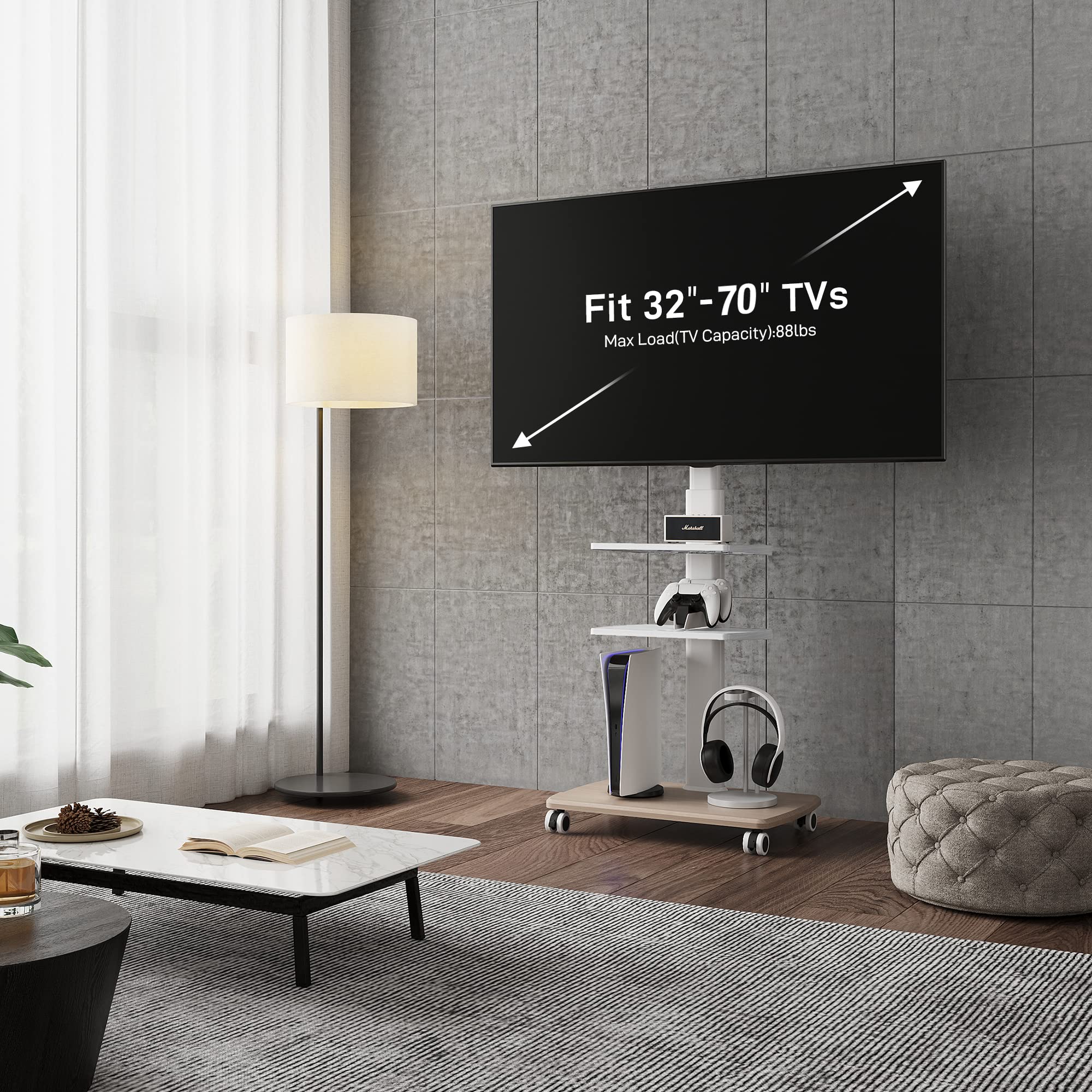 FITUEYES Mobile TV Stand with Wheels for 32-65 Inch Flat Screen TVs - Adjustable Height Swivel TV Cart for Living Room, Bedroom, Office, Dorm | Easy Rolling TV Stand for Corner Spaces & Small Rooms (White)