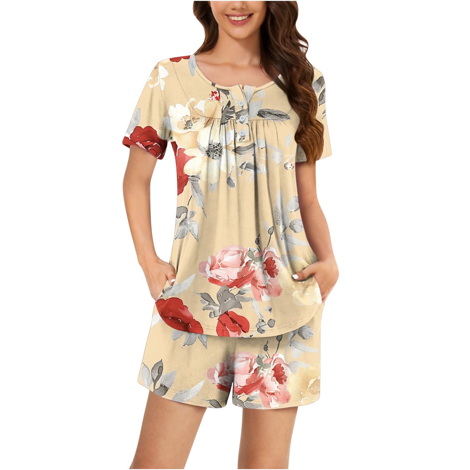 Women's Floral Print Lounge Set - 2 Piece Summer Pajama Set with Crewneck & Short Sleeves | Soft Sleepwear for Women | Perfect for Relaxing at Home, Lounging & Vacation Comfort