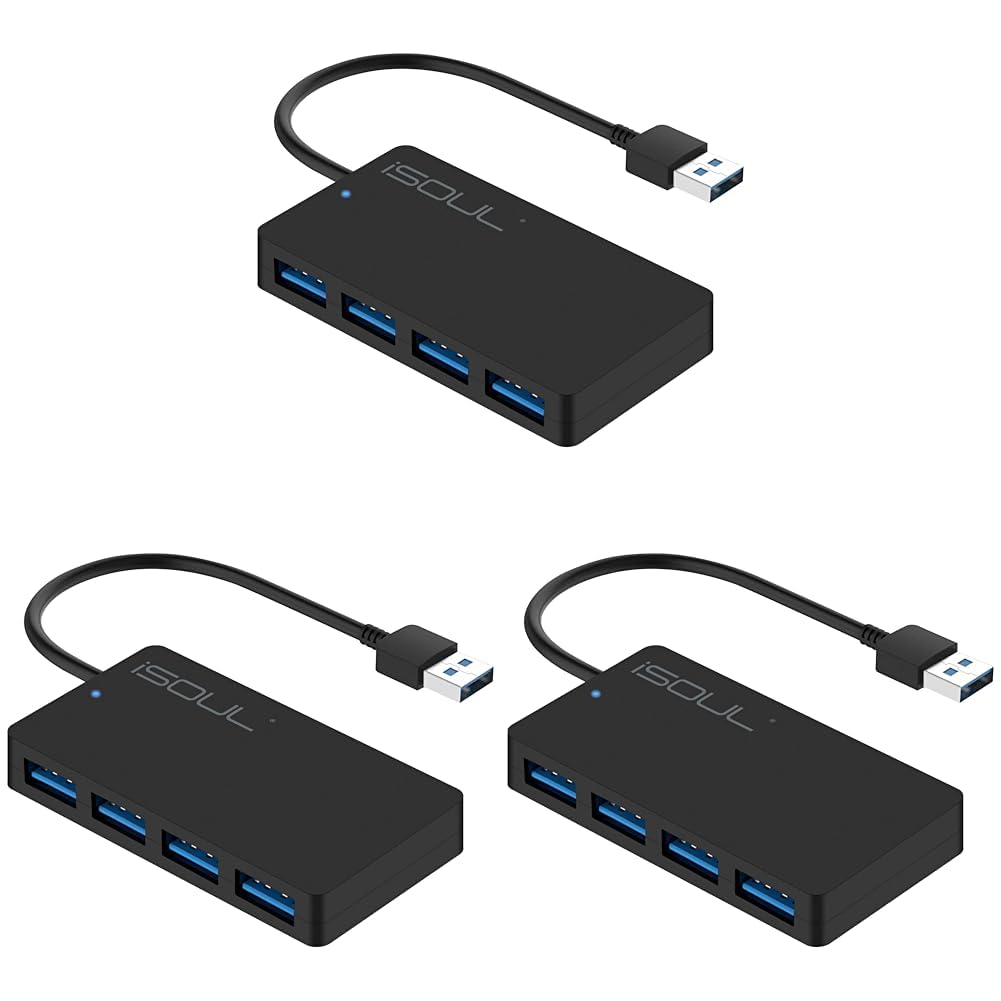 iSOUL 4-Port USB 3.0 Hub - Ultra-Slim Splitter for PC, MacBook, Gaming - Pack of 3