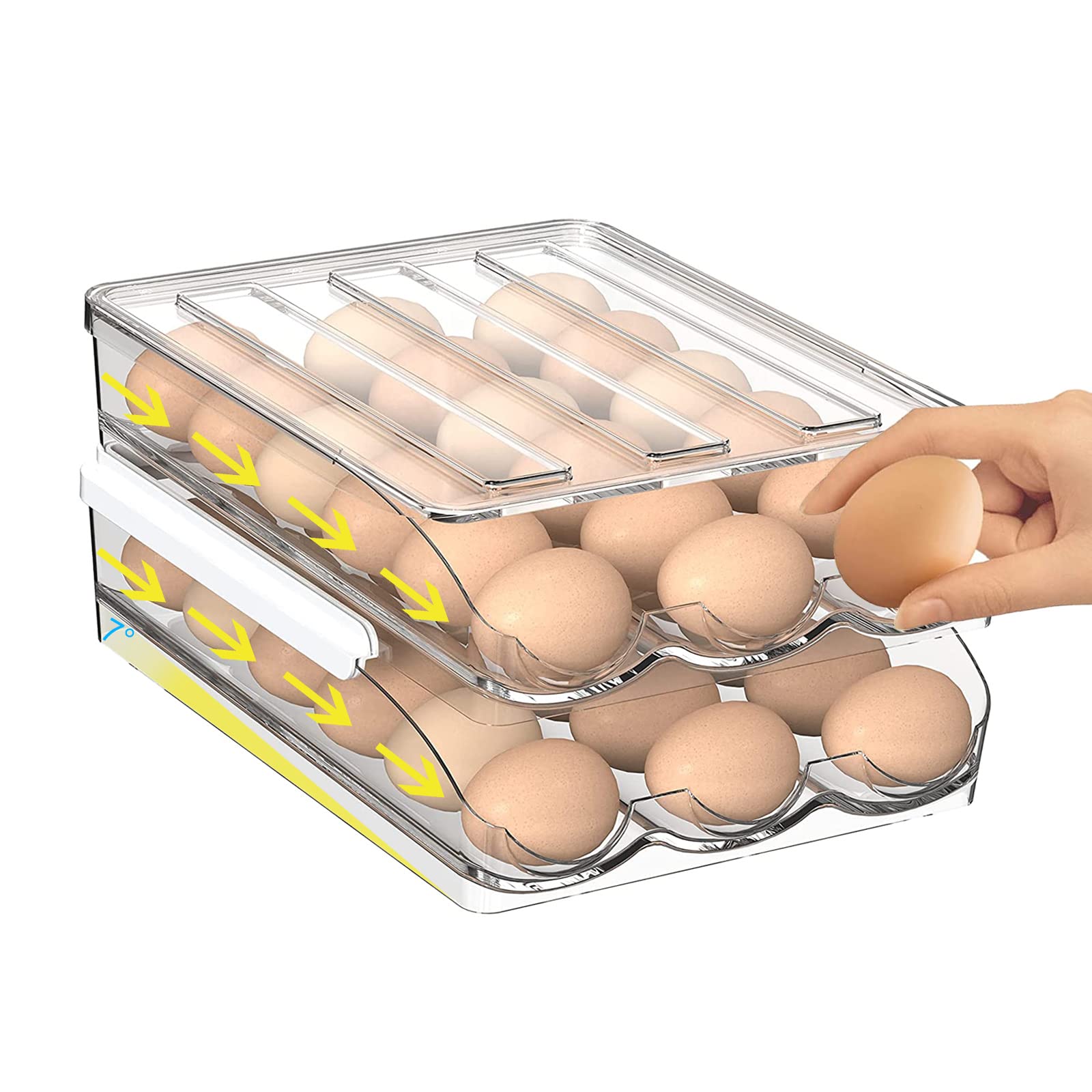 Auto Rolling Egg Storage Container for Fridge - 2 Layer Kitchen Organizer with Lids | Perfect for Fresh Egg Storage, Space Saving Fridge Organization & Easy Access in Breakfast Cooking