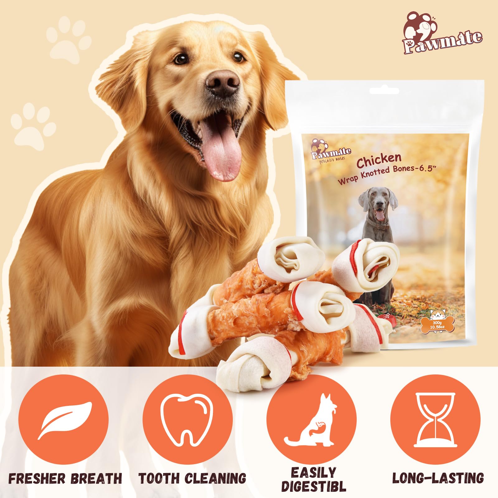 Large Dog Chew Bones - Rawhide with Taurine for Teeth Cleaning | 5-Pack for Medium/Large Breeds | Long-Lasting Dental Treats