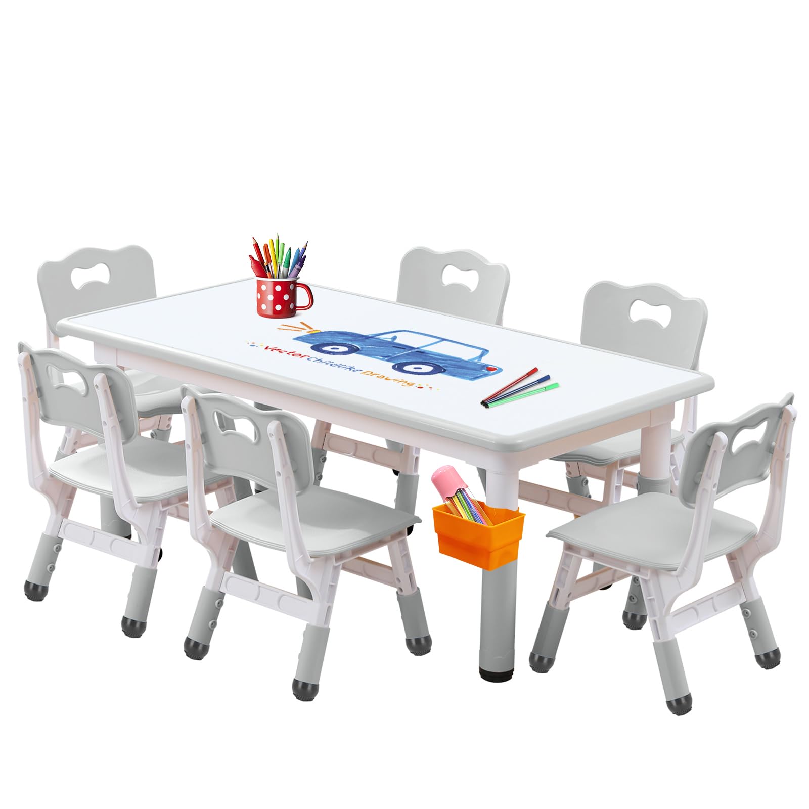 Kids Table and Chair Set - Adjustable Height Snow Grey Plastic Desk with Whiteboard Top & 12 Color Pens (47.2