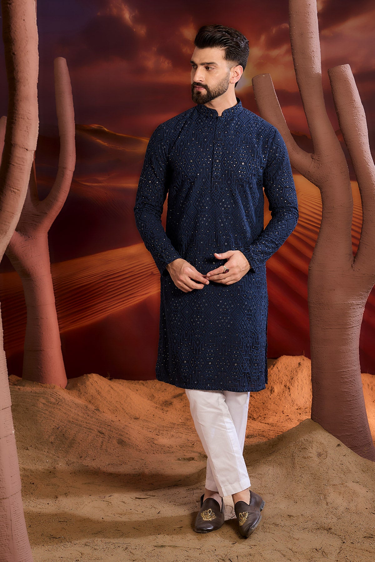 Elegant Navy Blue Chikankari Kurta with Geometric Embroidery - Traditional Indian Tunic for Women - Perfect for Festivals, Weddings & Casual Wear