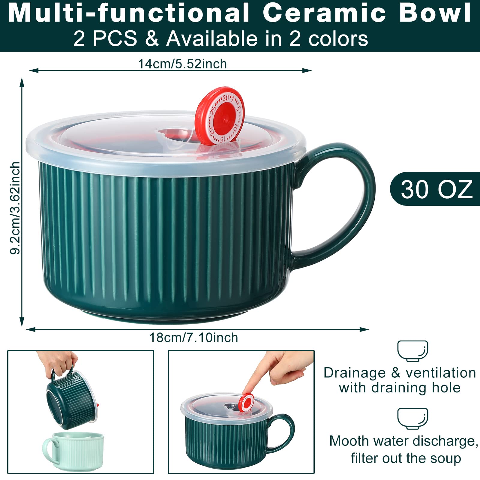 2-Pack Nuenen 30oz Ceramic Soup Bowls with Lids & Handles - Microwave & Dishwasher Safe - Large Colorful Ramen Noodle Bowls for Cereal, Soup, Pasta (Blue & Dark Green) - Perfect for Home, Office & Dorm Use