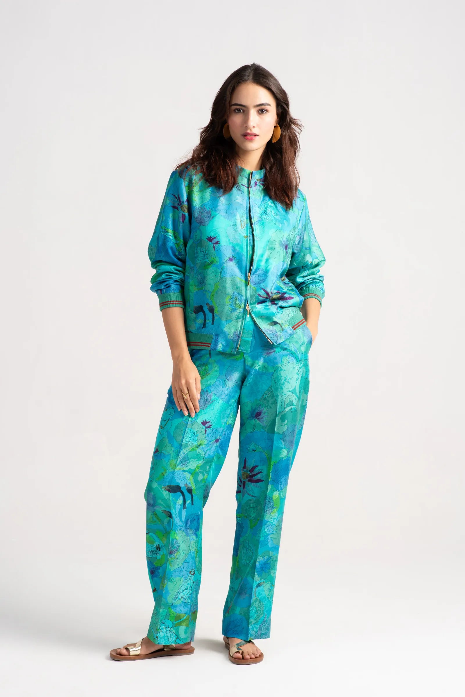 Premium Azad Trousers - Luxurious Silk Damask Fabric in Aqua Blue | Elegant Lounge Pants for Women | Perfect for Home Relaxation & Special Occasions
