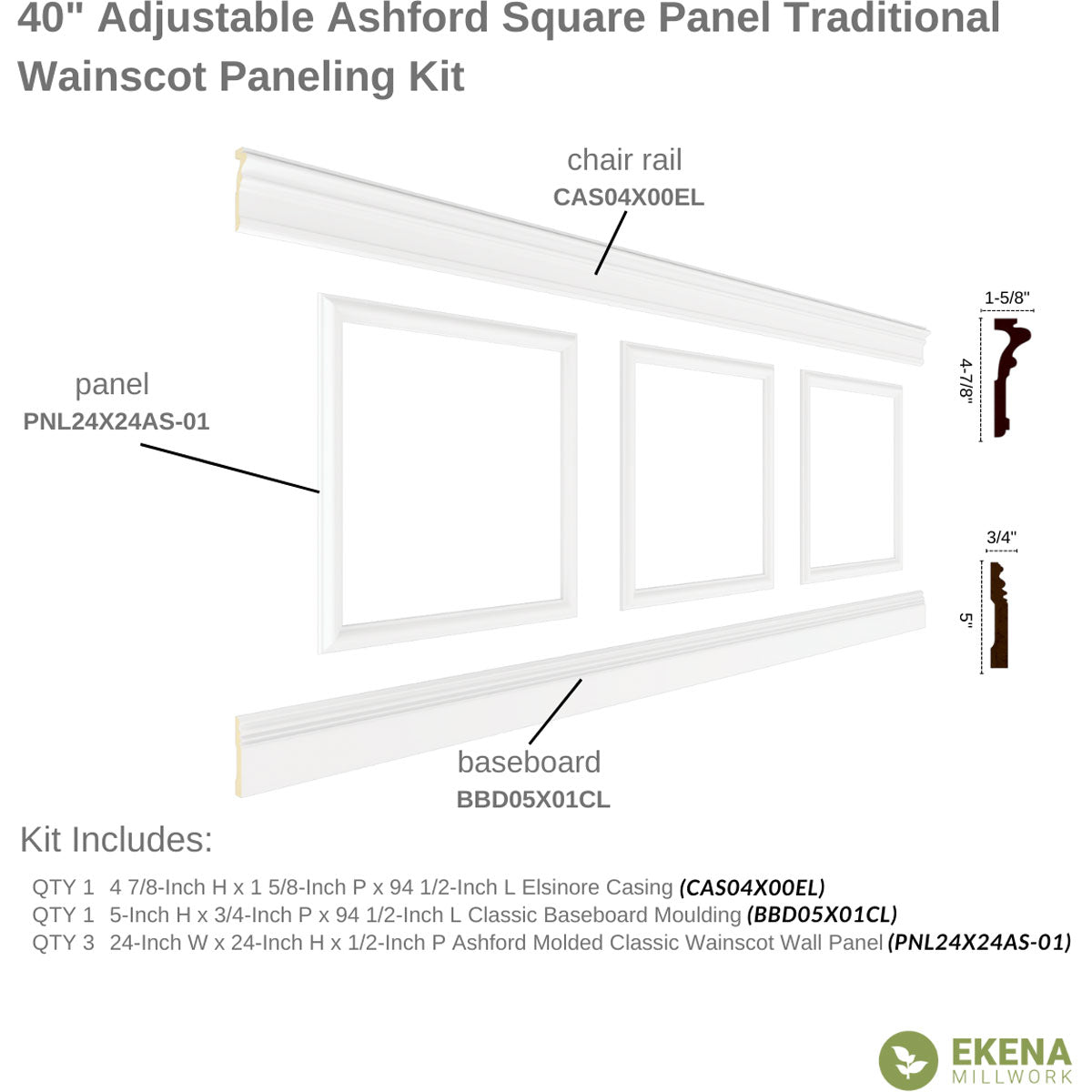 Ashford Traditional Wainscot Paneling Kit - 94.5 Inch Long Premium Wood Wall Paneling for Home & Office Decor | Easy DIY Installation for Living Room, Dining Room & Bedroom