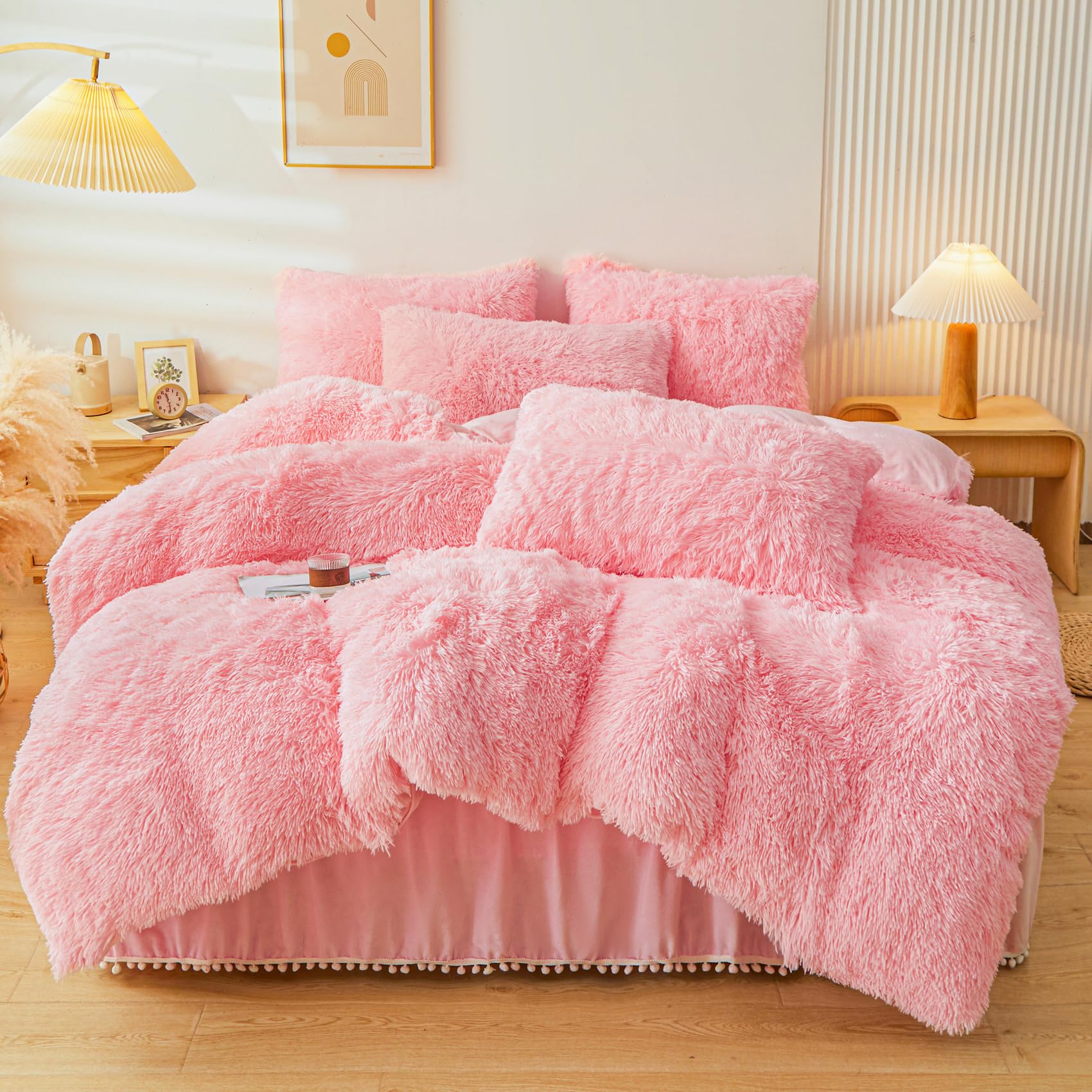 Fluffy Pink Faux Fur Comforter Cover Set - Ultra Soft Plush Bedding 3 Piece Set (1 Duvet Cover + 2 Pillowcases) for Queen Size Bed - Cozy Winter Bedroom Decor & Luxury Home Essentials