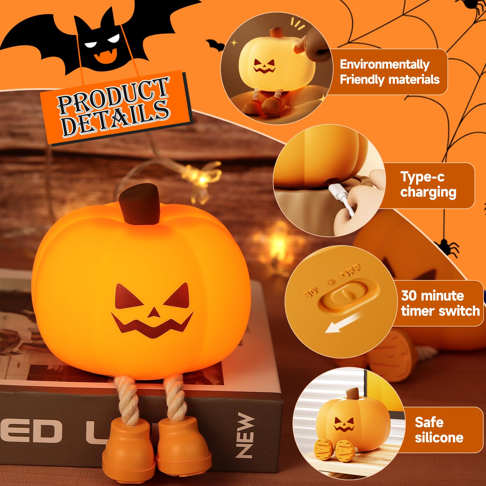 1Pack Halloween Pumpkin Night Light for Kids - Rechargeable LED Touch Light with 3 Modes, Food Grade Silicone, Nursery & Baby Room Decor - Perfect Gift for Halloween, Christmas & Birthday Parties