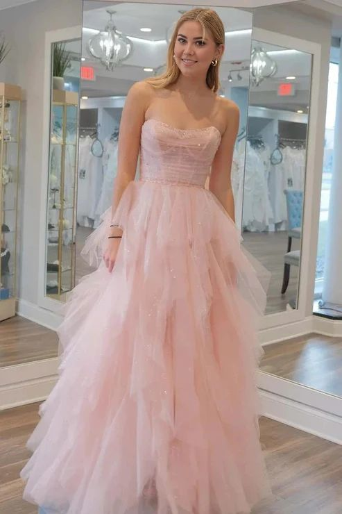 Light Pink A-Line Long Prom Dresses Strapless Tulle Ball Gown for Birthday Party, Homecoming, Quinceañera, and Formal Events - Style J4260