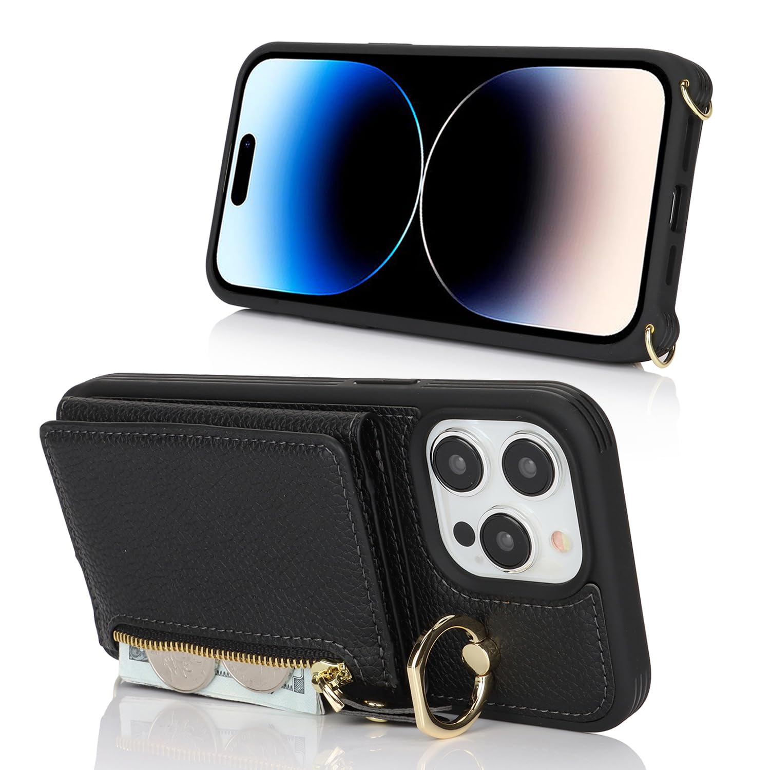 Premium Leather iPhone 14 Pro Max Wallet Case with Card Holder & Detachable Crossbody Strap - Zipper Pocket Protective Phone Cover for Women (Black) | Perfect for Travel, Shopping & Everyday Use