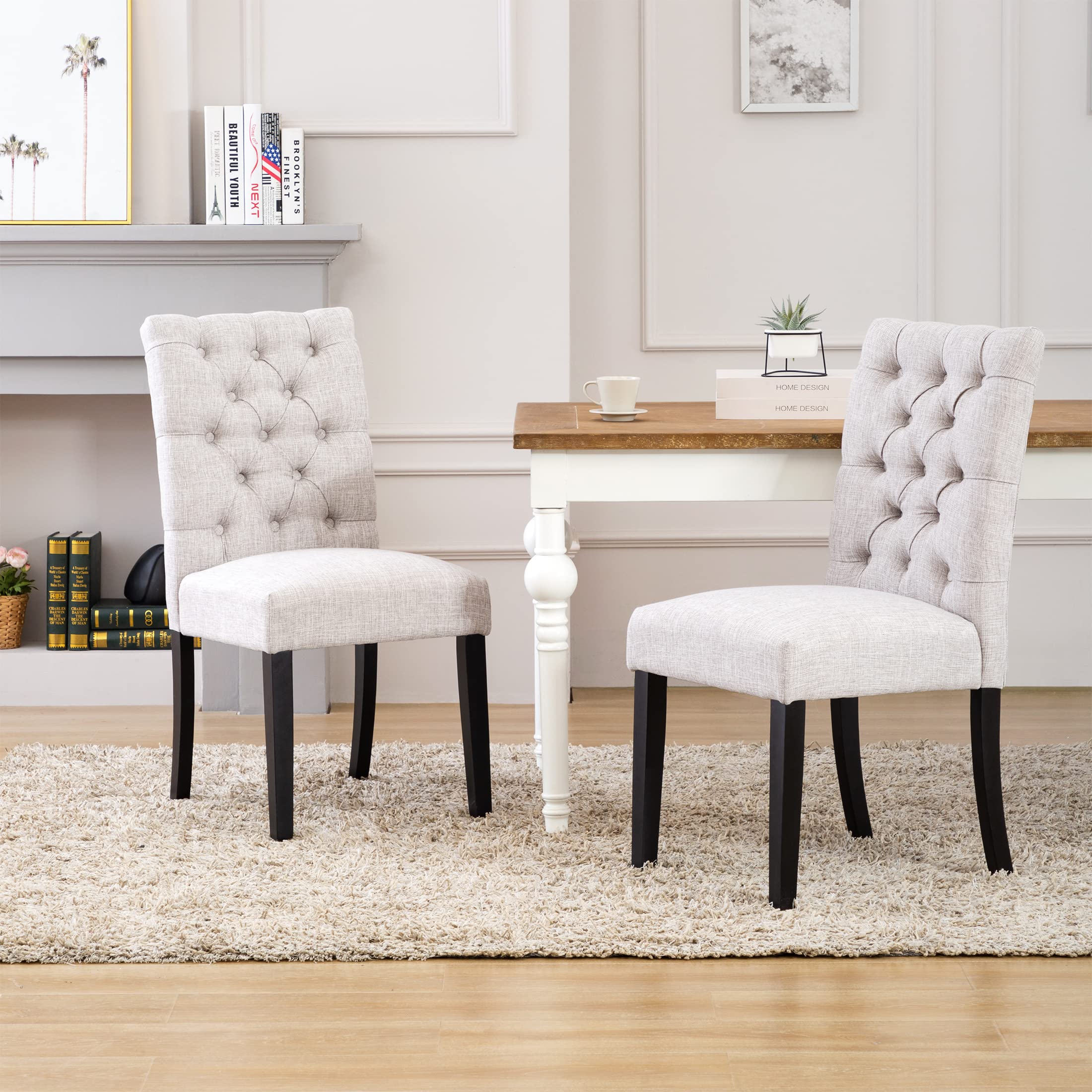 WestinTrends Hayes Tufted Dining Chairs Set of 2 - Linen Upholstered Kitchen & Dining Room Chairs with Solid Wood Legs, Light Gray - Perfect for Modern Farmhouse, Breakfast Nook & Formal Dining Room Decor