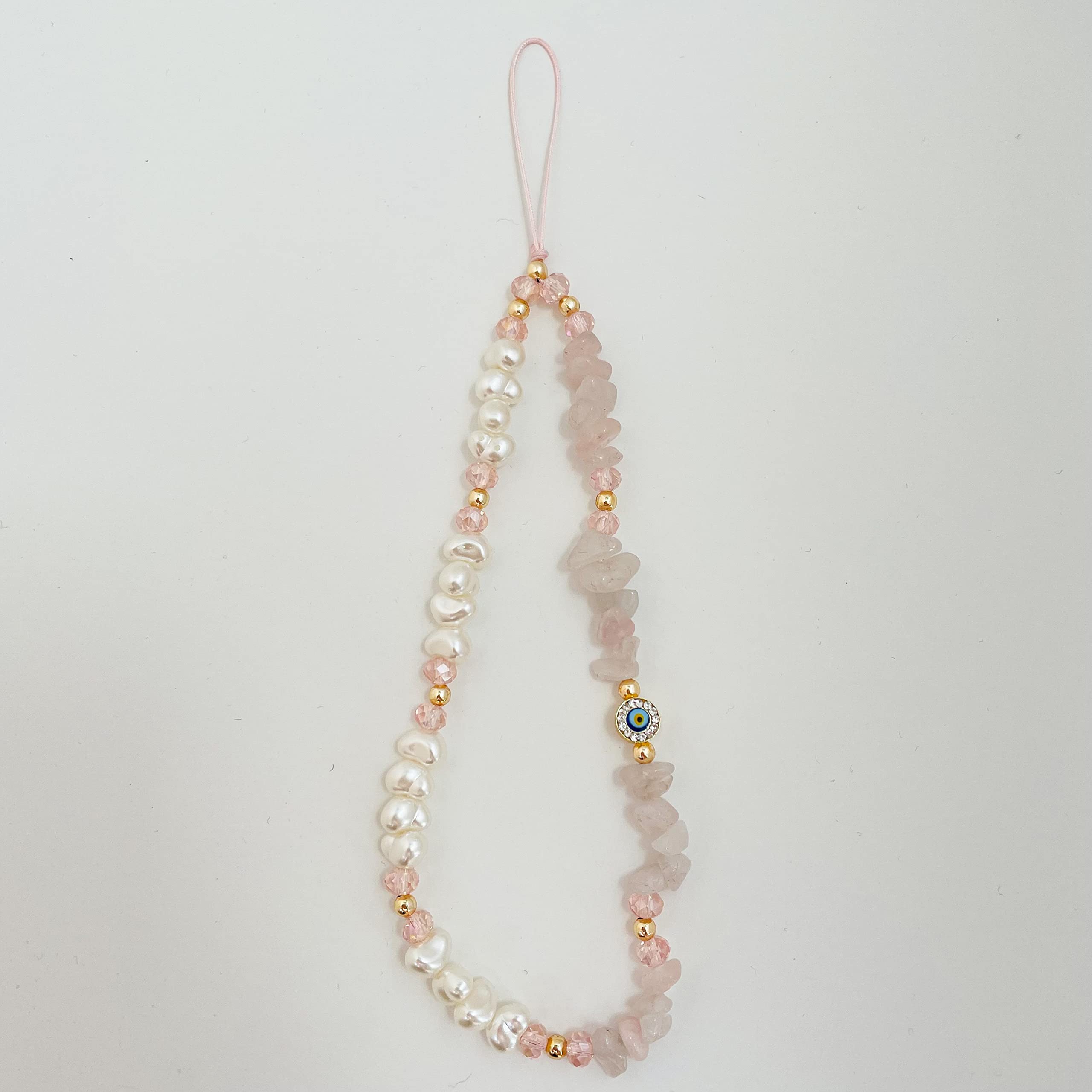 Evil Eye Beaded Phone Charm with Rose Quartz Gemstone - Y2K Pearl Beaded Phone Strap, Handmade Phone Jewelry for Women & Girls - Perfect for Phone Protection, Stylish Accessory & Gift Idea