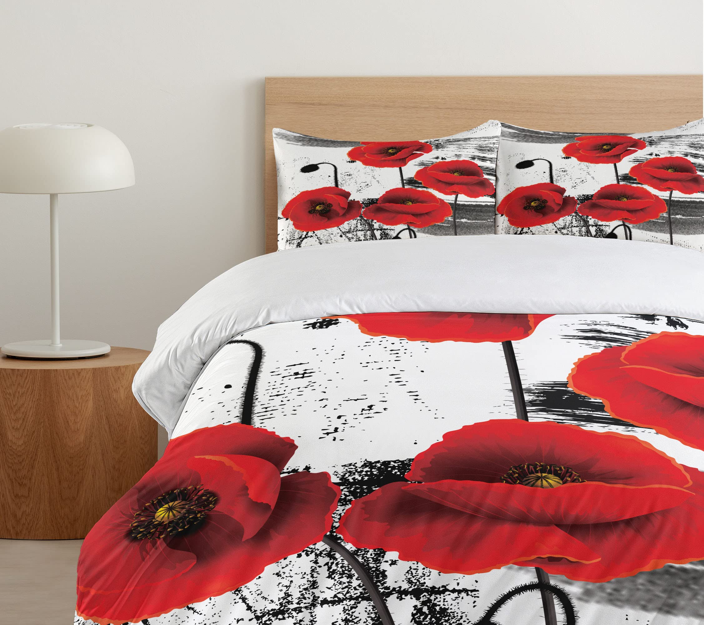 Ambesonne Poppy Flower Duvet Cover Set - 3 Piece California King Bedding with 2 Pillow Shams, Blossom Composition & Grunge Brush Design in Vermilion Grey - Perfect for Bohemian & Farmhouse Bedroom Decor