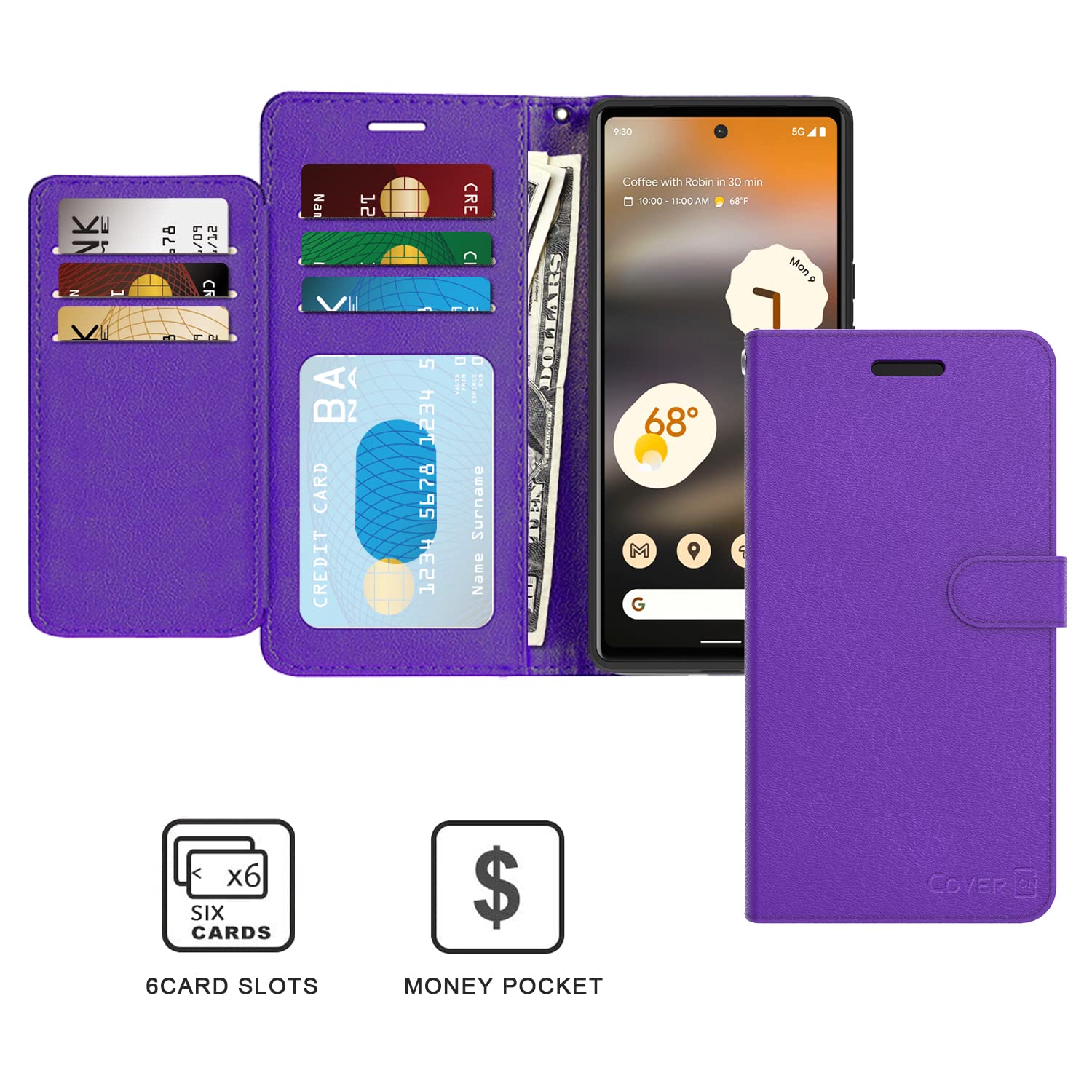 Google Pixel 6a Case with RFID Blocking - Purple PU Leather Wallet Cover for Daily Use