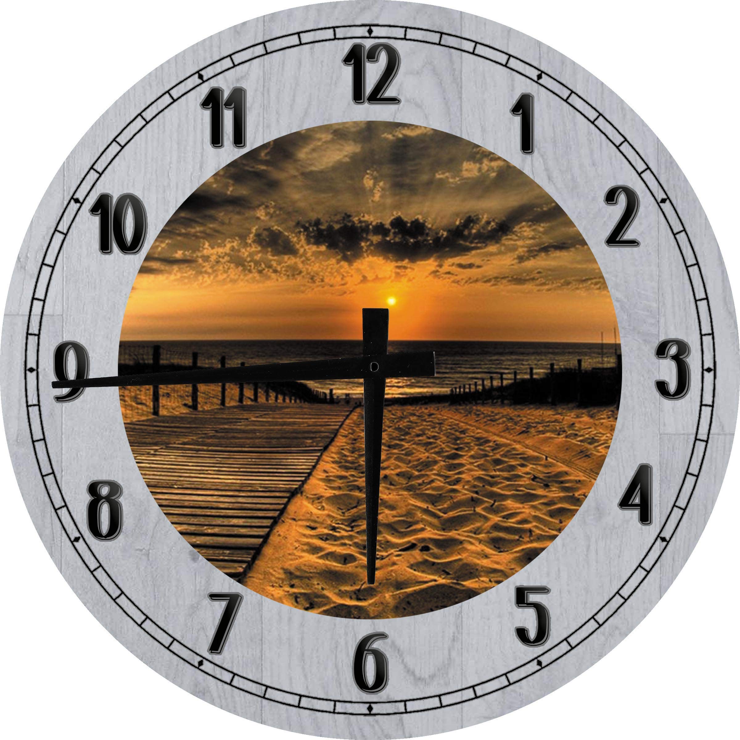 18 Inch Large Round Wooden Wall Clock - Gray Coastal Decor for Beach House, Sunset Walkway Art, Perfect for Living Room & Bedroom Wall Decor