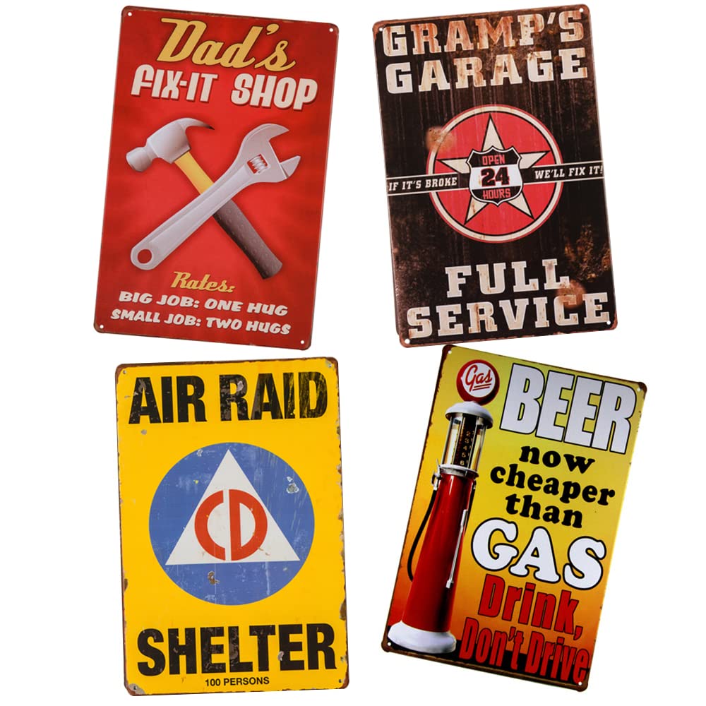 Vintage Rustic Metal Tin Signs Set of 4 - Retro Garage & Home Wall Decor - Perfect for Man Cave, Bar, Workshop, or Farmhouse Style Interior Design