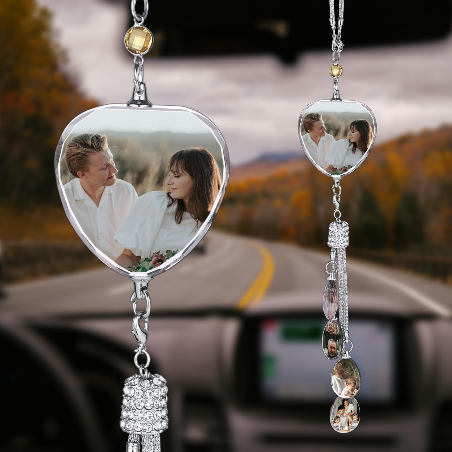 Custom Crystal Car Pendant - Personalized Photo Frame Hanging Mirror Decor for Cars | Heart-Shaped Rearview Mirror Accessories | Perfect for Gifts, Anniversaries & Car Interior Decoration