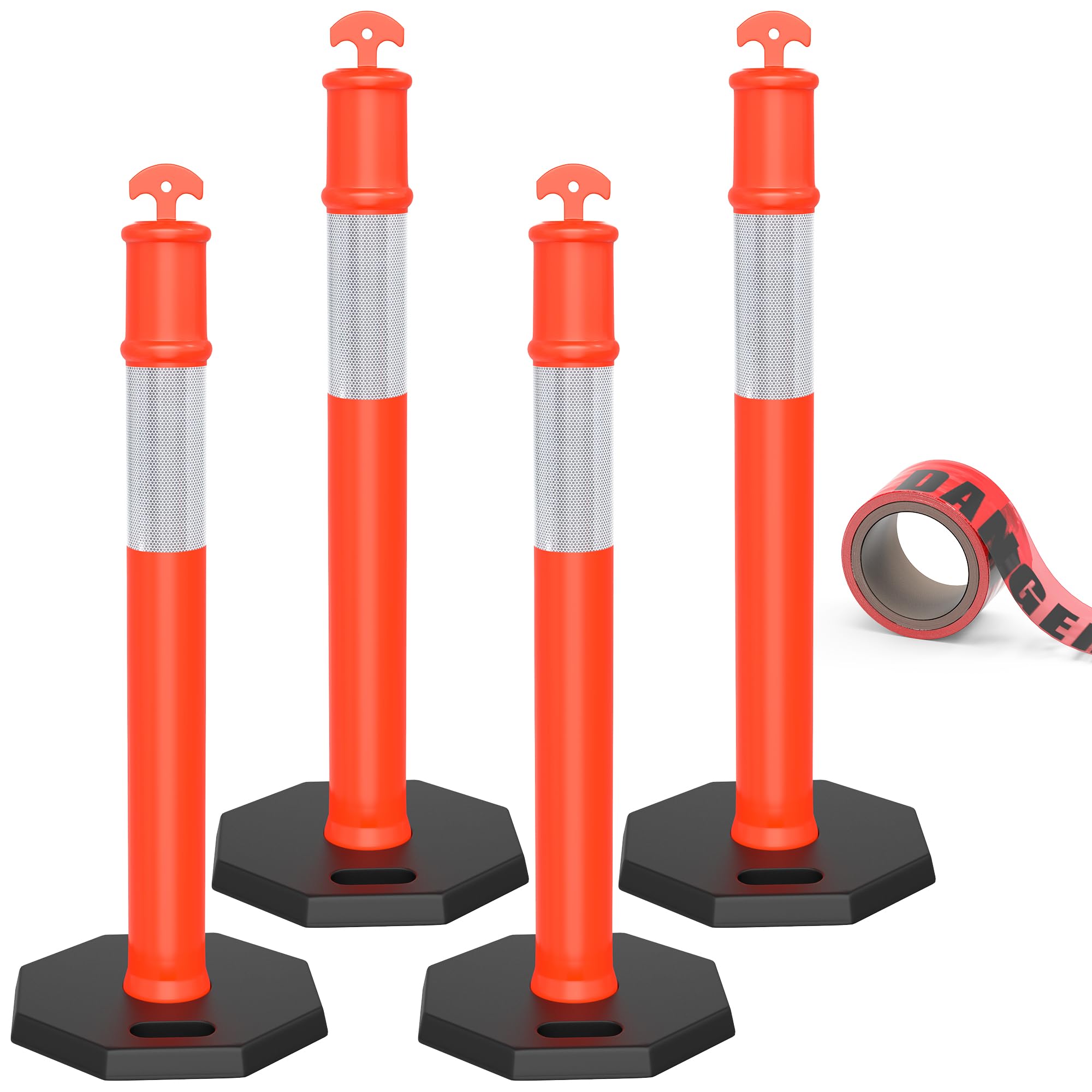 YITAHOME 4-Pack 45-Inch Traffic Delineator Posts with Reflective Collars & Heavy-Duty Base - Safety Cones for Parking Lots, Road Construction, Events & Temporary Traffic Control | Weather-Resistant PVC for Outdoor Use