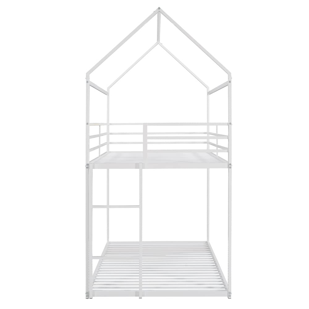 **Metal Twin Over Twin Low Bunk Bed with Roof - Full-Length Guardrail & Ladder - Space-Saving House Bed for Kids & Teens - No Box Spring Needed - White - Perfect for Small Rooms, Dormitories & Shared Kids' Bedrooms**