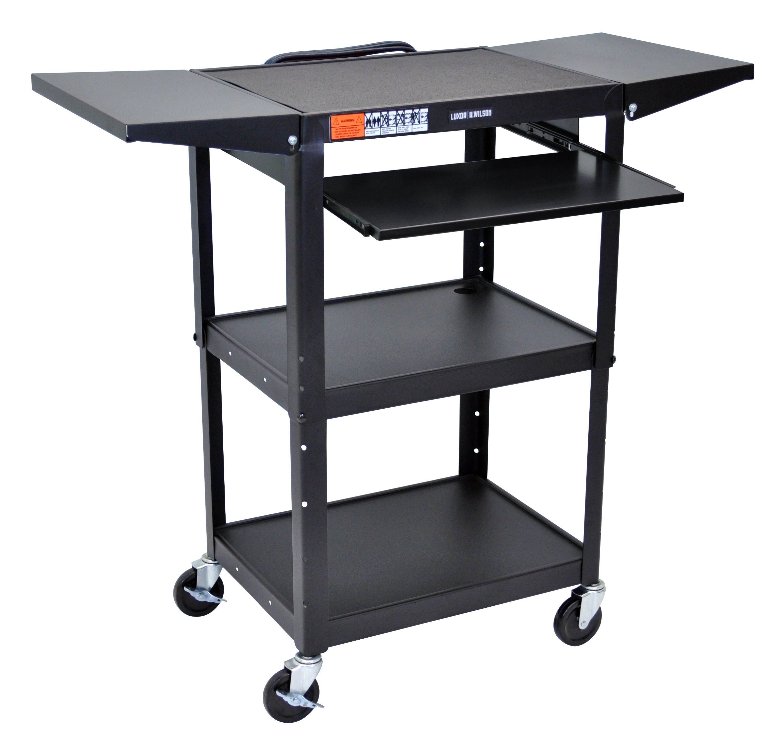 Adjustable Height Black Metal A/V Cart with Pullout Keyboard Tray & 2 Drop Leaf Shelves - Perfect for Home Office, Classroom, or Conference Room Media Storage