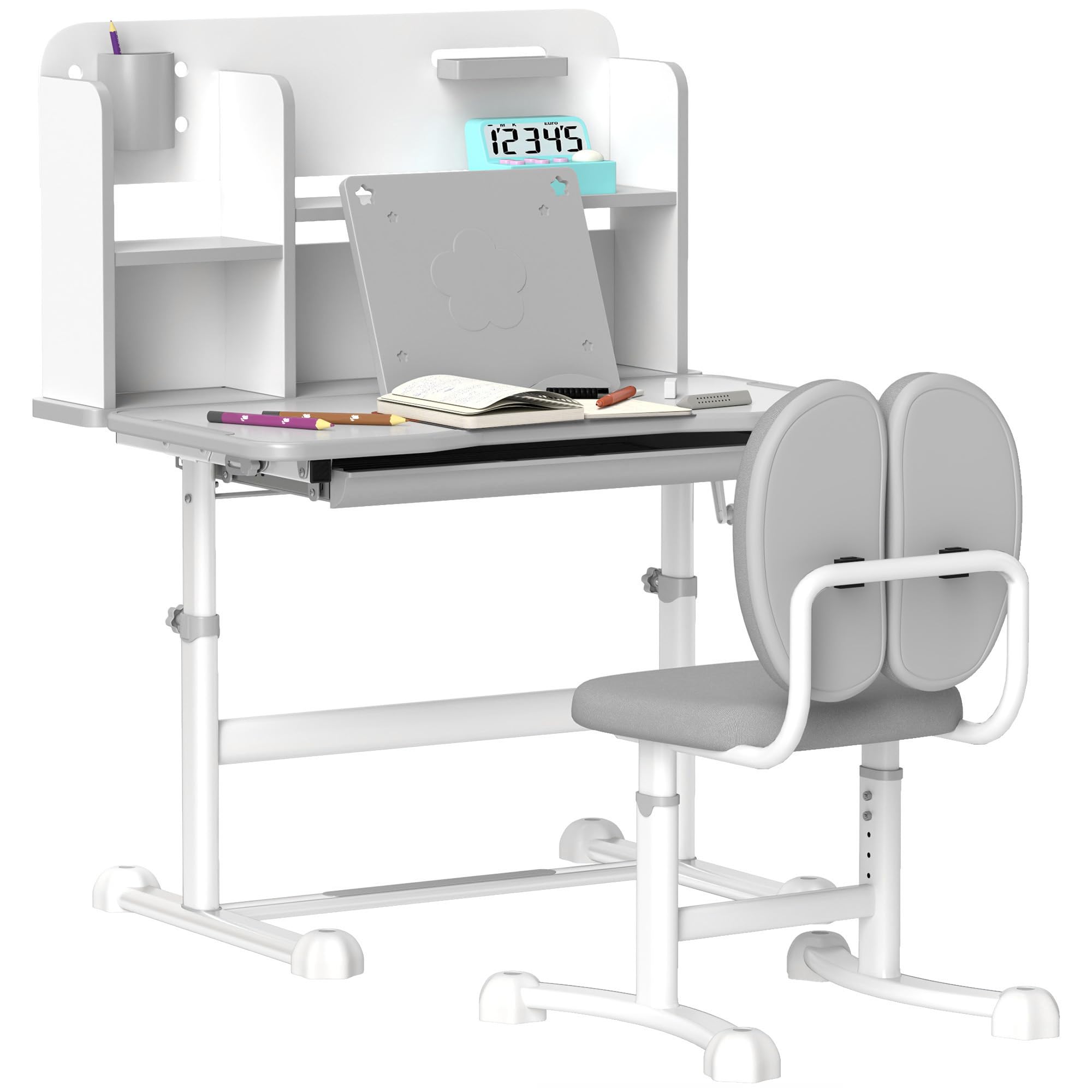 Qaba Adjustable Kids Desk and Chair Set with Tilt Desktop, Storage Drawer & Book Rack - Ergonomic Study Table for Writing, Reading, Drawing - Perfect for Homeschooling & Online Learning (Gray)