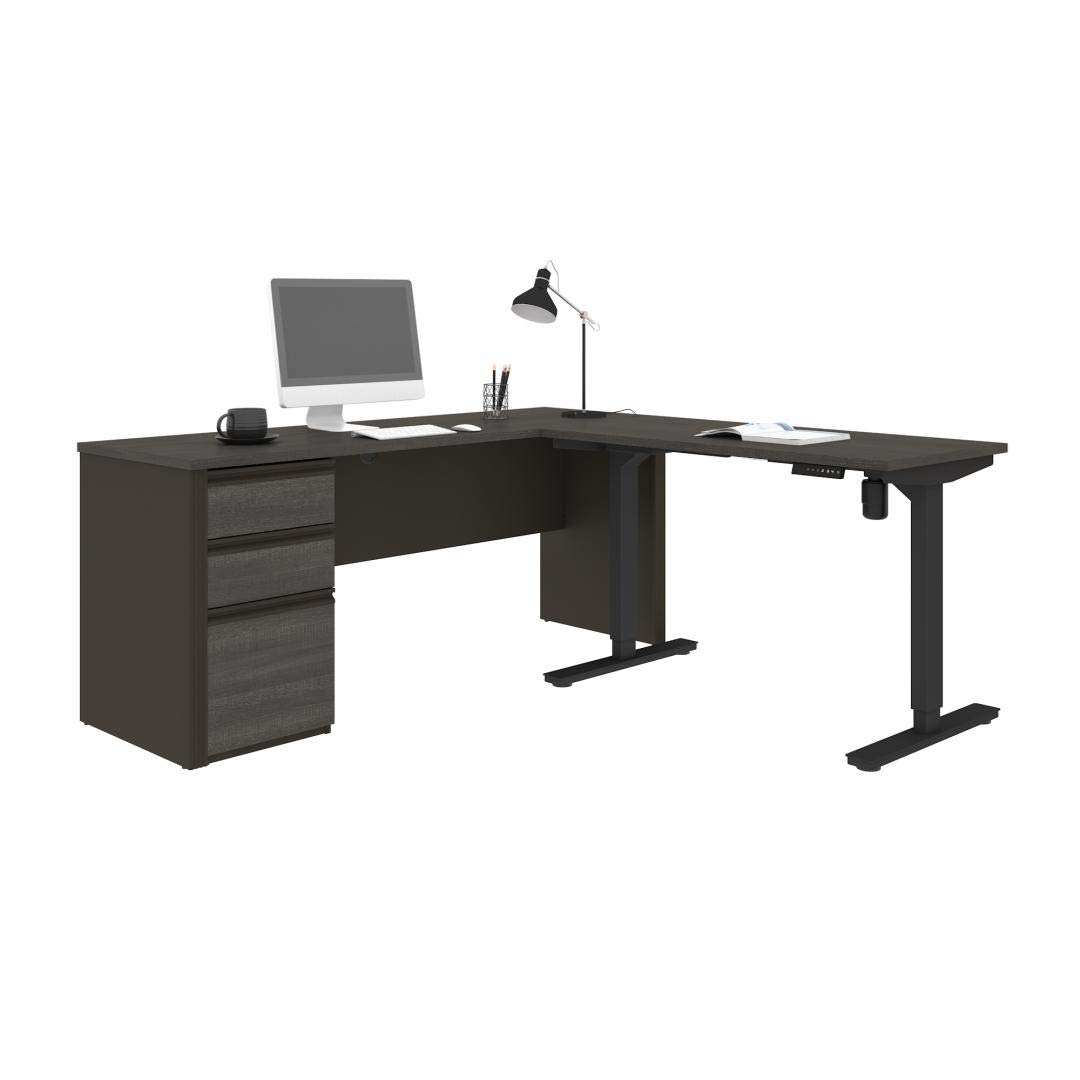 Bestar Prestige L-Shaped Standing Desk with Pedestal - 72 Inch Wide, Bark Grey & Slate Finish - Ergonomic Home Office Desk for Work from Home & Gaming Setup