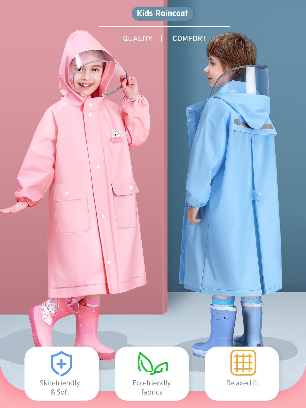Kids Raincoat with Backpack Pocket - Boys & Girls Waterproof Rain Poncho Jacket with Reflective Strip for School & Outdoor Play