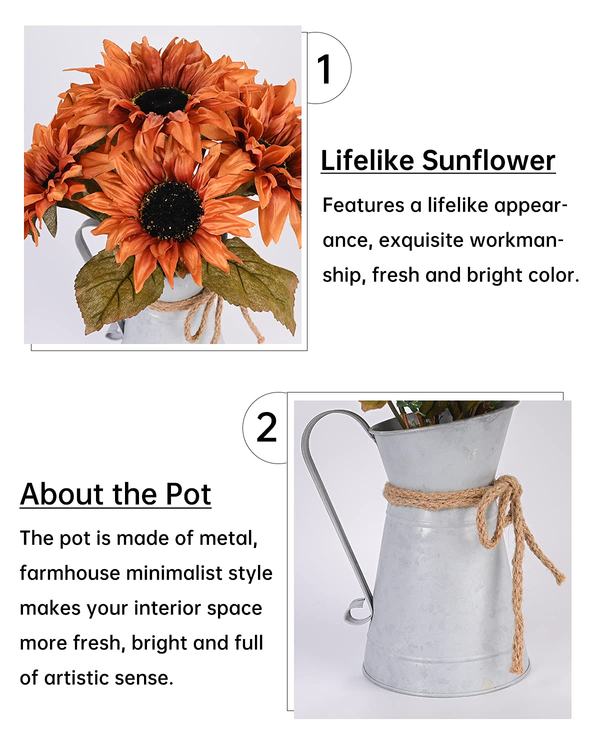 DDHS Fall Artificial Sunflower Centerpieces - Fake Sunflower Potted Plants for Home, Bathroom, Kitchen & Office Decor | Sunflower Arrangement with Metal Pot | Perfect for Table Centerpieces, Wedding Decor & Seasonal Home Styling