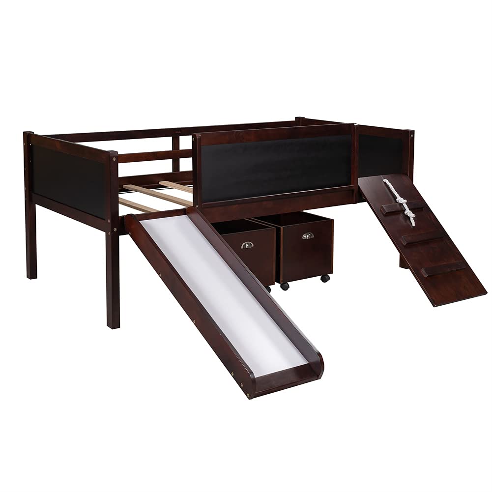 **Twin Size Wood Loft Bed for Kids with Storage & Slide - Low Loft Bed Frame, No Box Spring Needed (Espresso) - Perfect for Small Bedrooms & Playrooms**