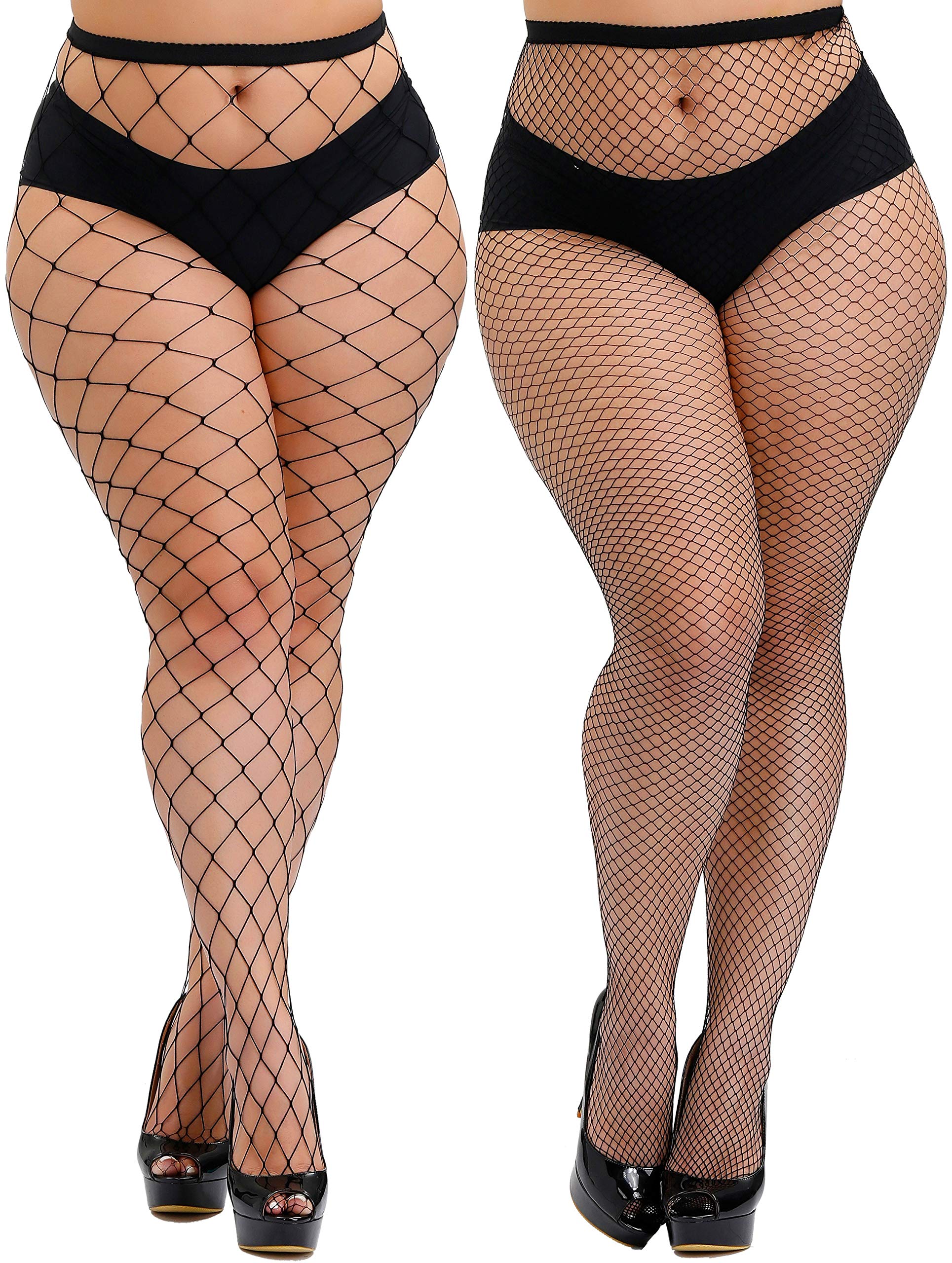 TGD Women's Fishnet Stockings - Sexy Thigh High Tights Pantyhose, Plus Size, 2 Pairs - Perfect for Halloween, Cosplay, and Night Out Outfits