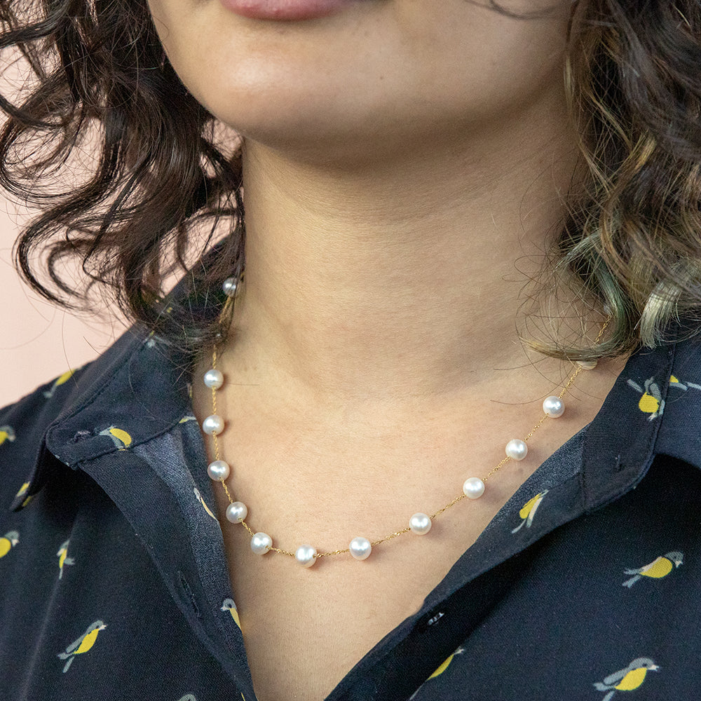 14K Yellow Gold 6mm White Freshwater Pearl 45cm Necklace for Women - Elegant Bridal Jewelry & Anniversary Gift