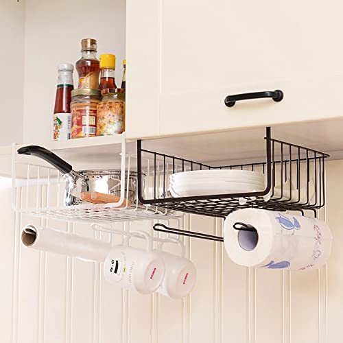 Stainless Steel Under Shelf Storage Basket - Hanging Kitchen Organizer Rack for Cupboard, Desk & Countertop - Space Saving Home Storage Solution (Black) | Perfect for Spices, Utensils & Small Appliances