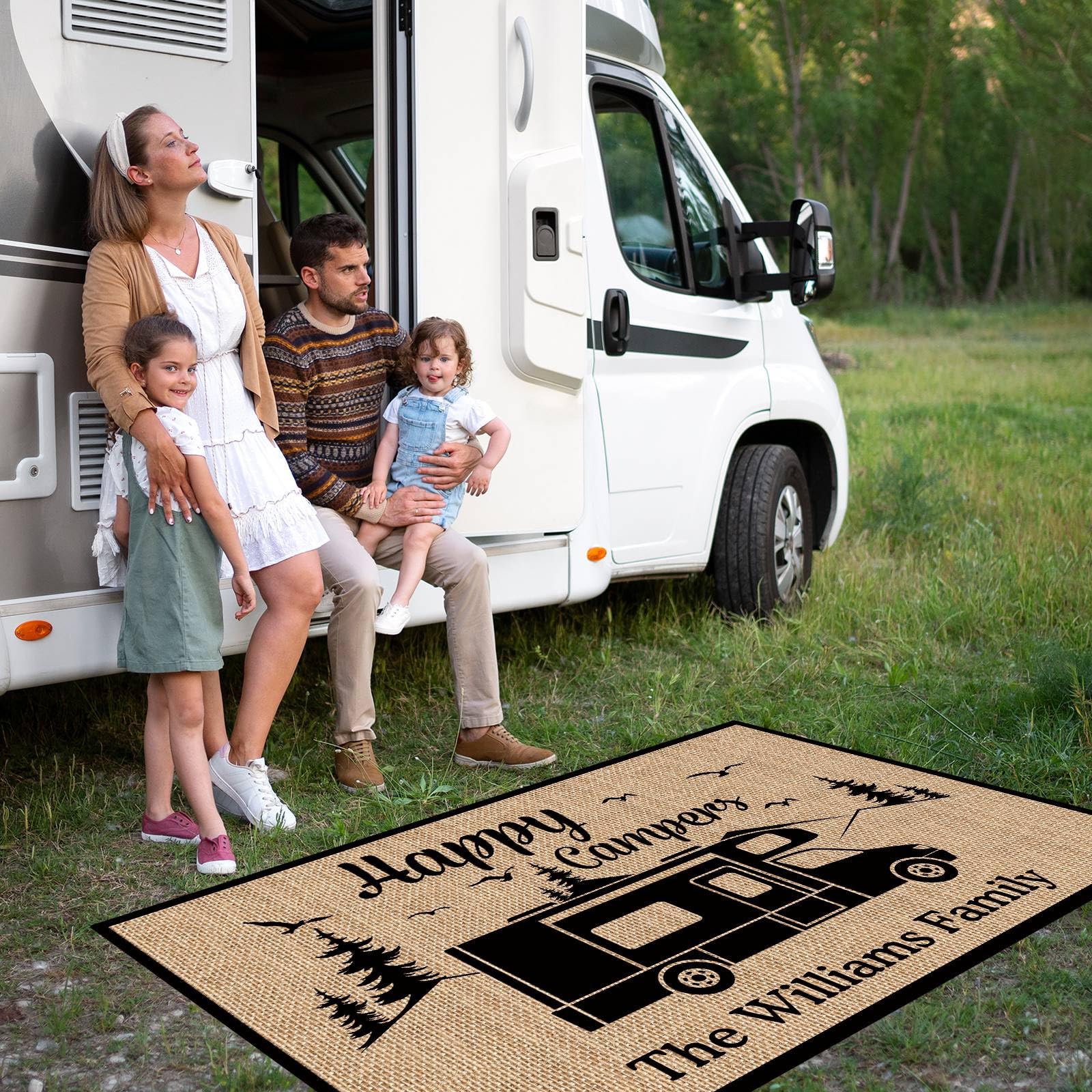 Custom RV Rug - Happy Campers Outdoor Camping Mat 48x72 Inch for Trailers, Patio & Floor - Waterproof Durable RV-13 Decor - Perfect for Camping Trips, Picnics & Outdoor Gatherings