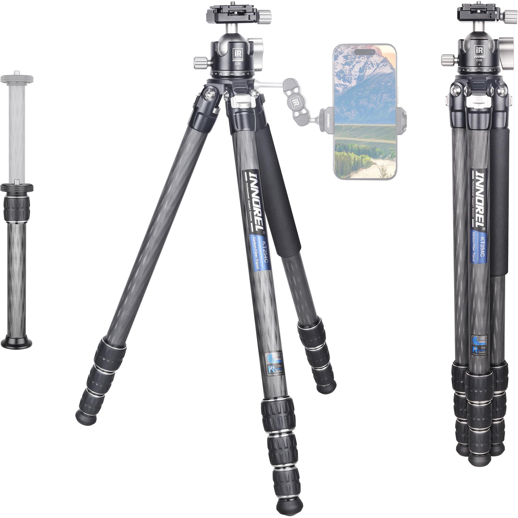 INNOREL KT254C Carbon Fiber Tripod Monopod - Professional Portable Travel Tripod for DSLR Cameras, 33lb Load Capacity, D36 Low Gravity Ballhead - Perfect for Photography, Vlogging & Outdoor Adventures