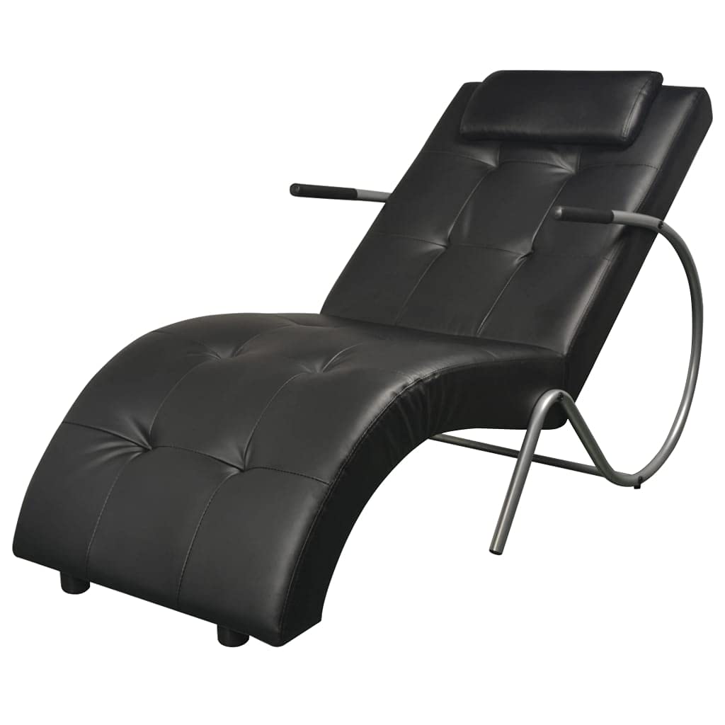 Outdoor Lounge Chair - Patio Chaise Lounge Recliner with Pillow, Faux Leather Garden Chair for Balcony, Deck & Backyard - Comfortable Sunbathing & Relaxation (Black)