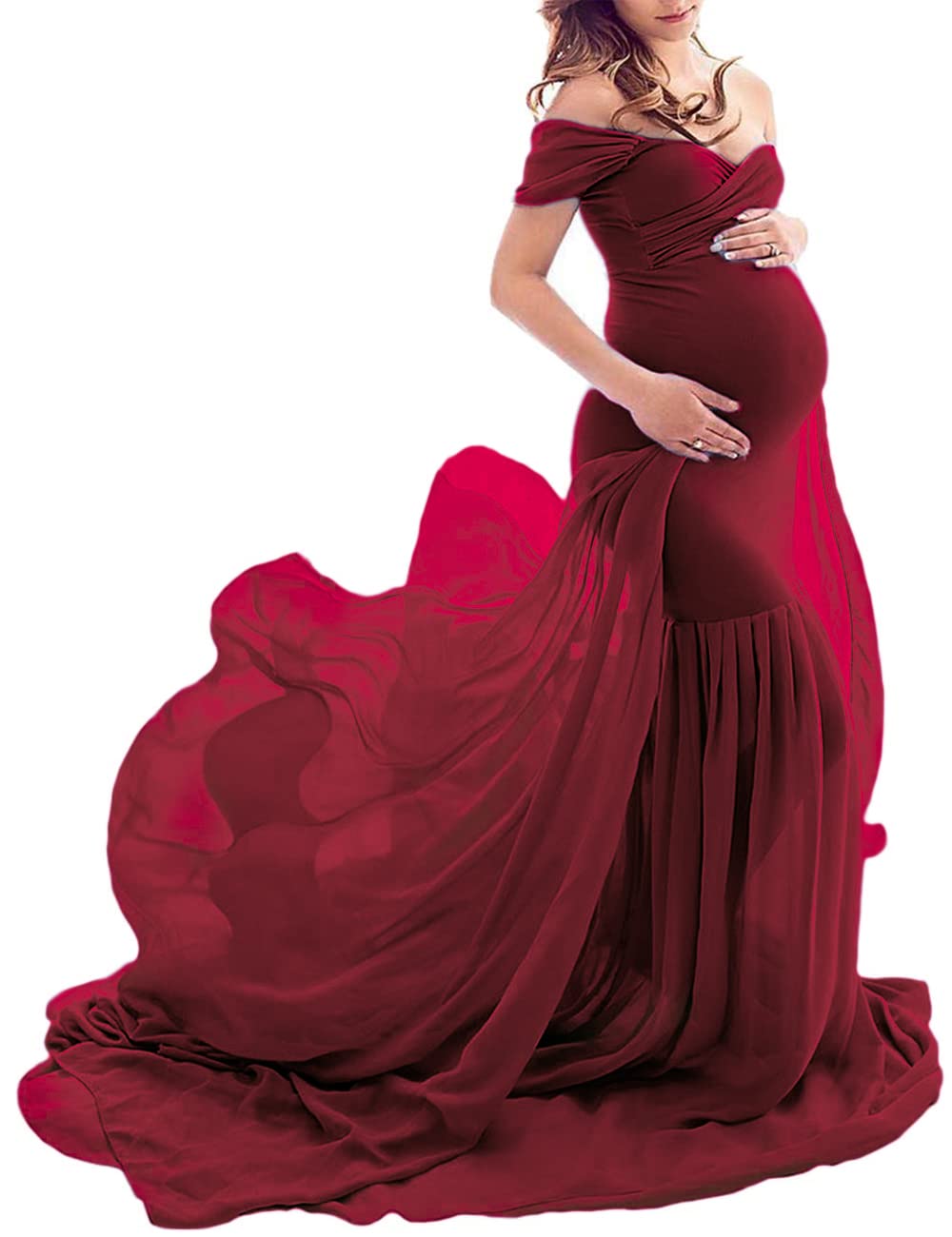 Elegant Maternity Off-Shoulder Chiffon Maxi Dress for Photoshoots - Stretchy Pregnancy Gown for Baby Shower, Maternity Photos & Special Occasions