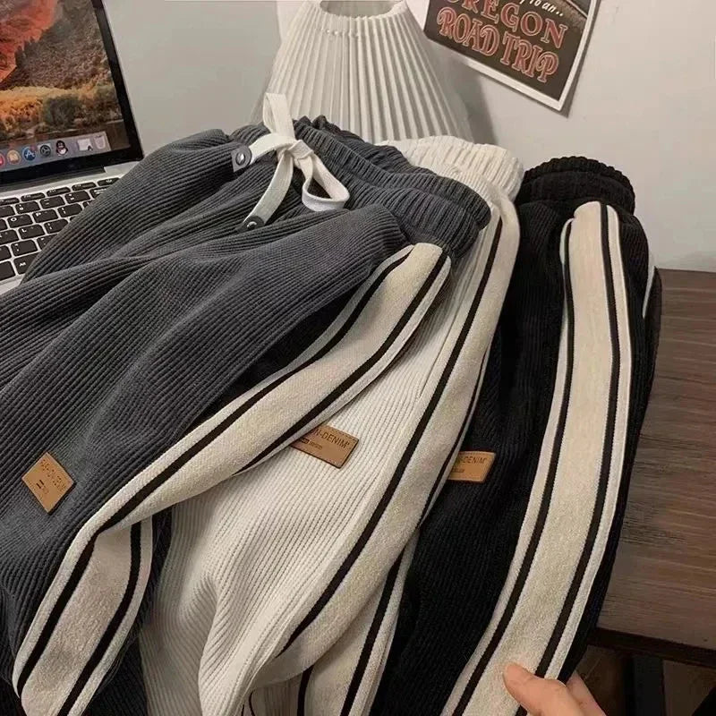 Women's Corduroy Striped Sweatpants - Y2K Harajuku Streetwear Wide Leg Joggers | High Waist Baggy Pants for Casual Wear, Korean Fashion & Loungewear