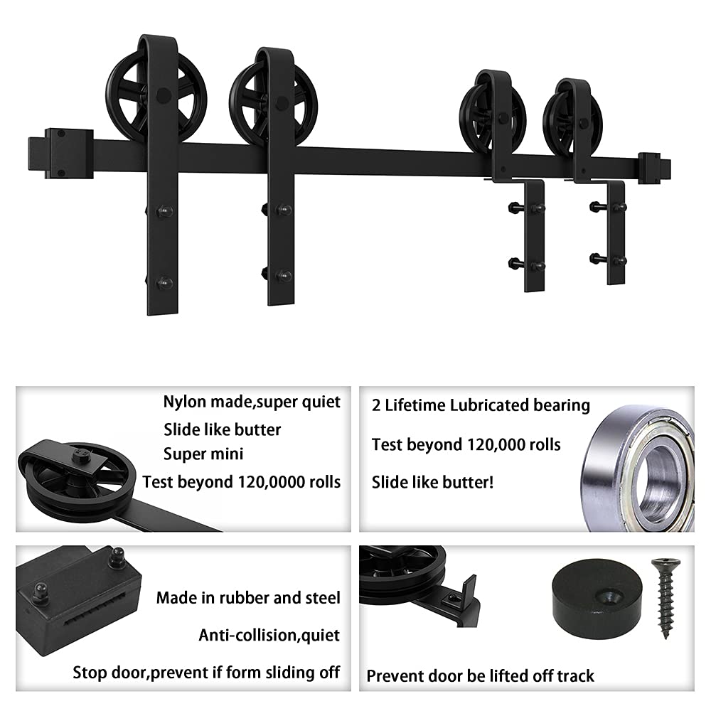 WINSOON 5FT to 10FT Adjustable Bypass Sliding Barn Door Hardware Kit - Heavy Duty Single Track System for Double Doors with Big Spoke Wheels - Low Ceiling Design for Bedroom, Closet, or Farmhouse Style Interior