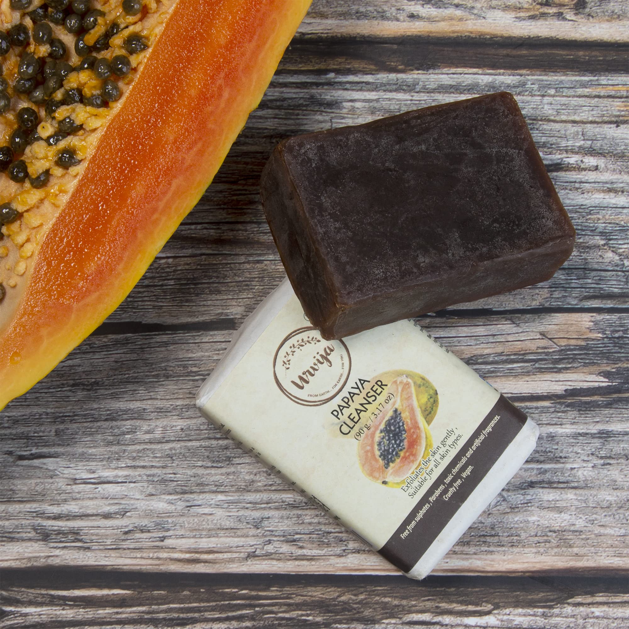 Urvija Papaya Cleansing Soap - Natural Essential Oil Handmade Soap for Exfoliation & Deep Cleansing - Removes Dead Skin Cells & Rejuvenates Skin - Palm Oil Free, Paraben Free, Chemical Free - 90g - Perfect for Daily Skincare & Spa Treatments
