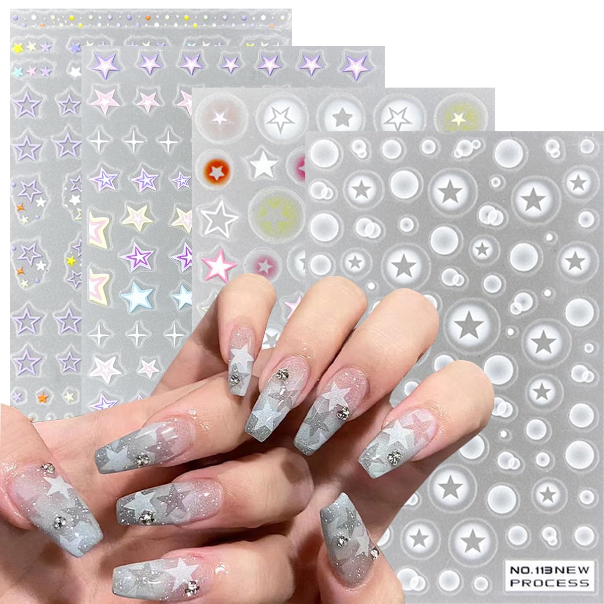 6 Sheets Heart Star Nail Art Stickers - Self-Adhesive 3D Translucent Nail Decals with Hollow Love Design for French Manicure, Airbrush Nails, DIY Crafts - Perfect for Salon, Home Nail Art & Gift Giving