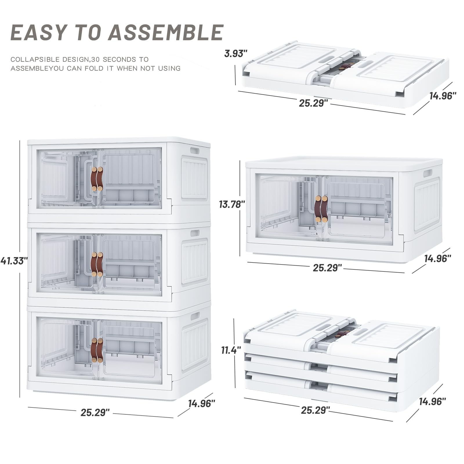 3-Pack 78 Qt Stackable Storage Bins with Wheels & Lids - White Collapsible Double-Door Organizer for Closet, Home & Office - Perfect for Seasonal Clothes, Toys & Household Item Storage
