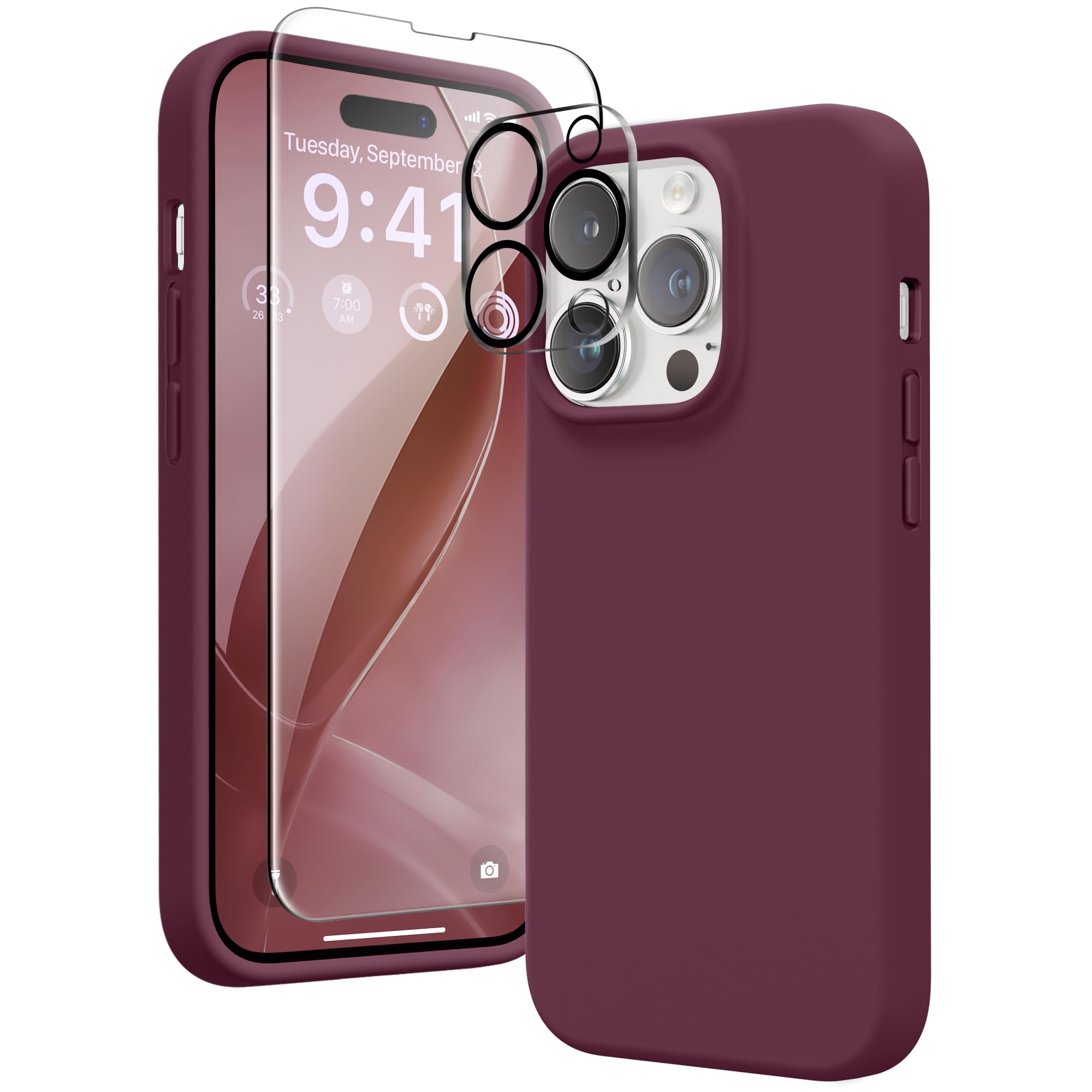 GONEZ iPhone 14 Pro Case with Magsafe Compatibility - Shockproof Liquid Silicone Phone Cover with Built-in Screen Protector & Camera Lens Protector, Soft Anti-Scratch Microfiber Lining (Wine Red) - Perfect for Daily Use, Travel Protection & Wireless Charging